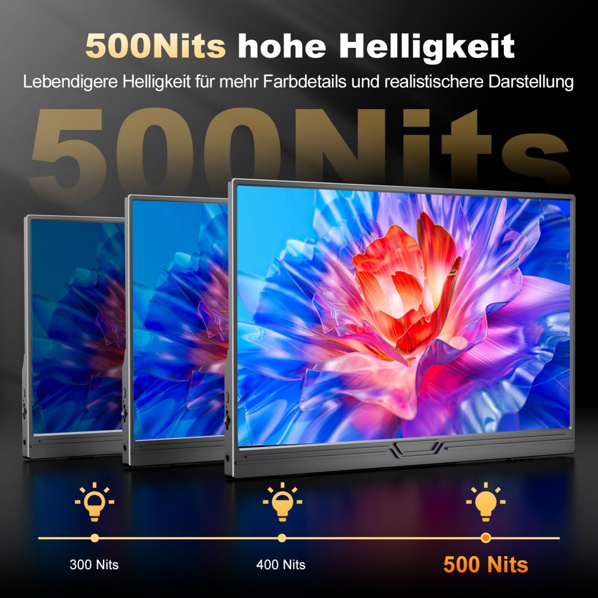 Drei Monitore zeigen eine Blume in verschiedenen Helligkeitsstufen von 300, 400, 500 Nits.