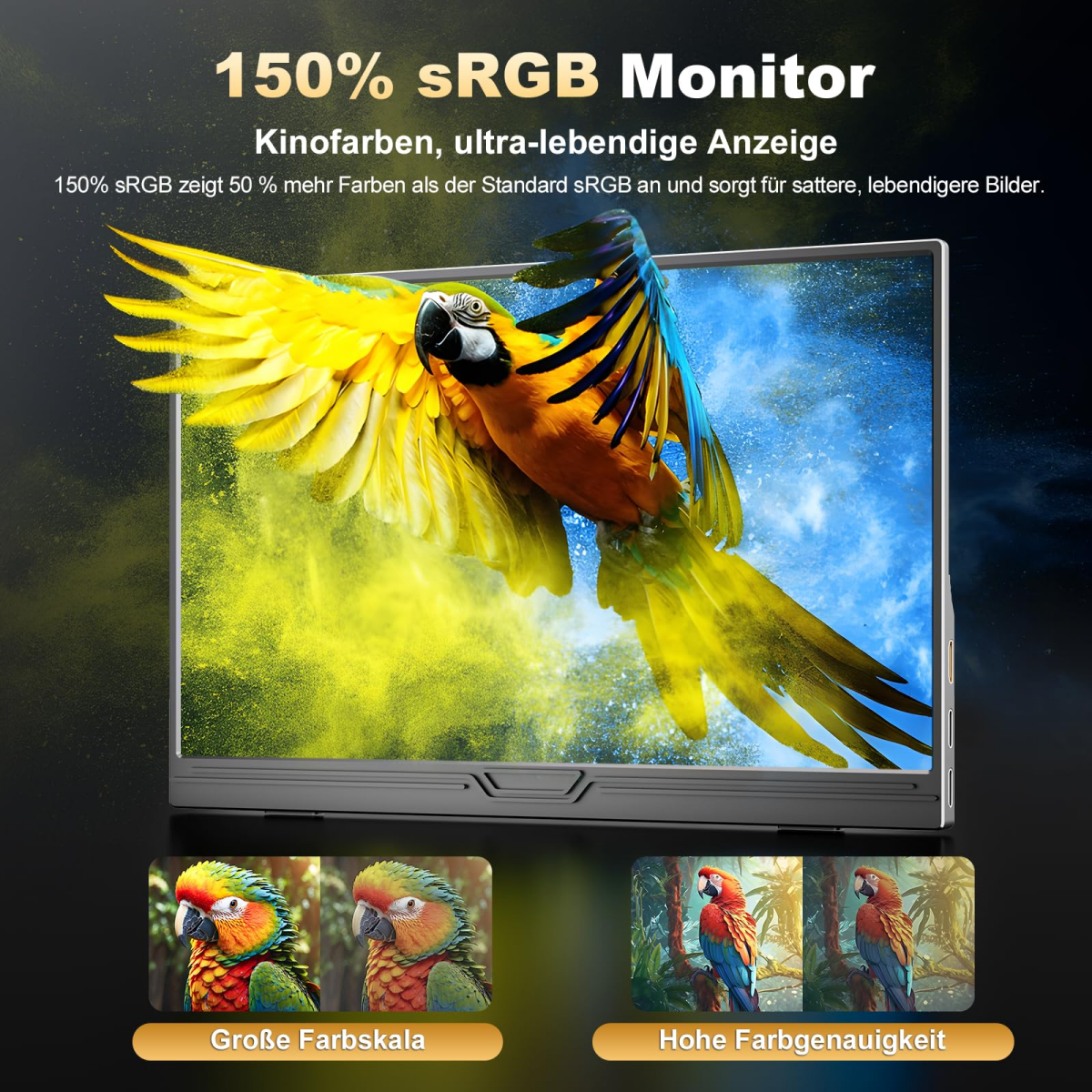 Ein Monitor zeigt einen fliegenden Papagei mit gelbem Pulver.