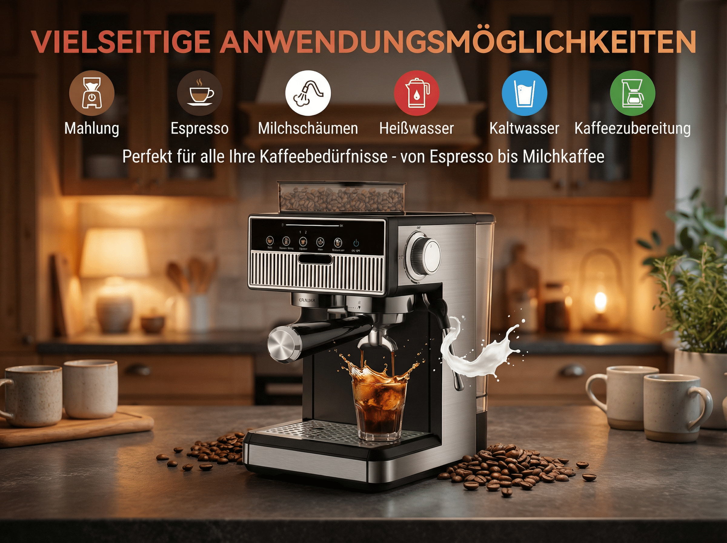 Kaffeemaschine mit Espresso-Splash, Kaffeebohnen und Tassen in Küche.
