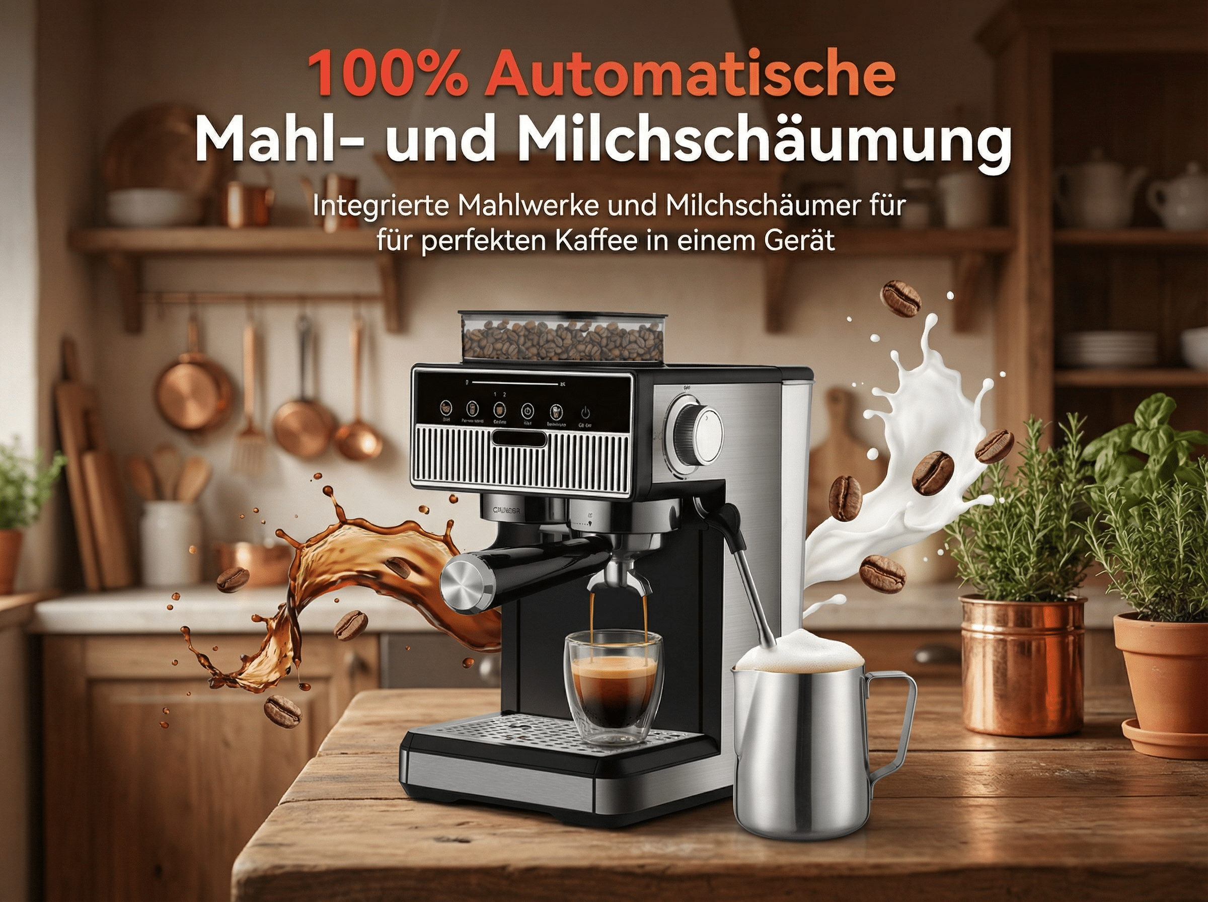 Kaffeemaschine mit integriertem Mahlwerk und Milchaufschäumer, mit Kaffeebohnen, Kaffee und Milchschaum.