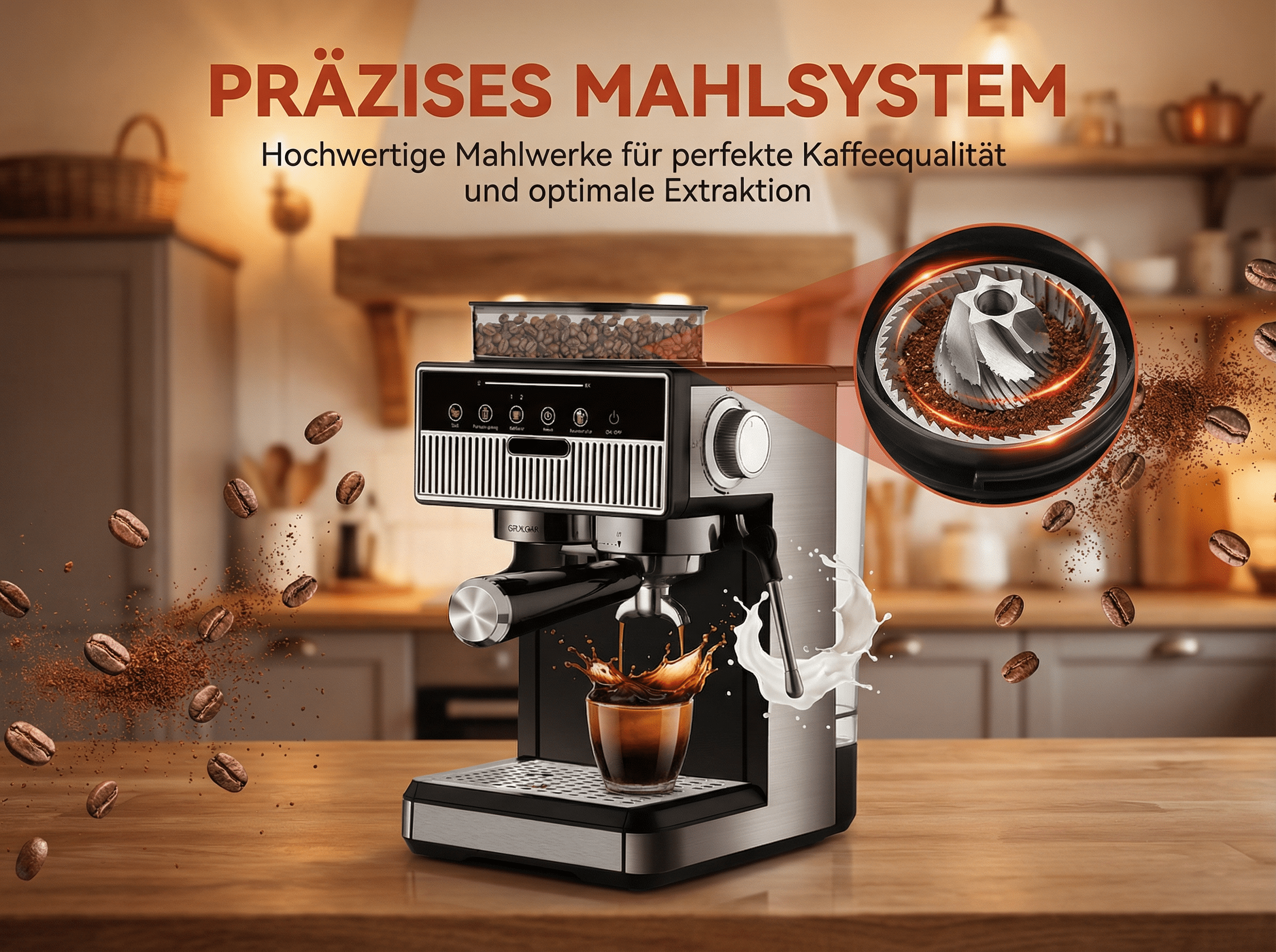 Kaffeemaschine mit Bohnenbehälter, Mahlwerk, Espresso und Milchschaum.