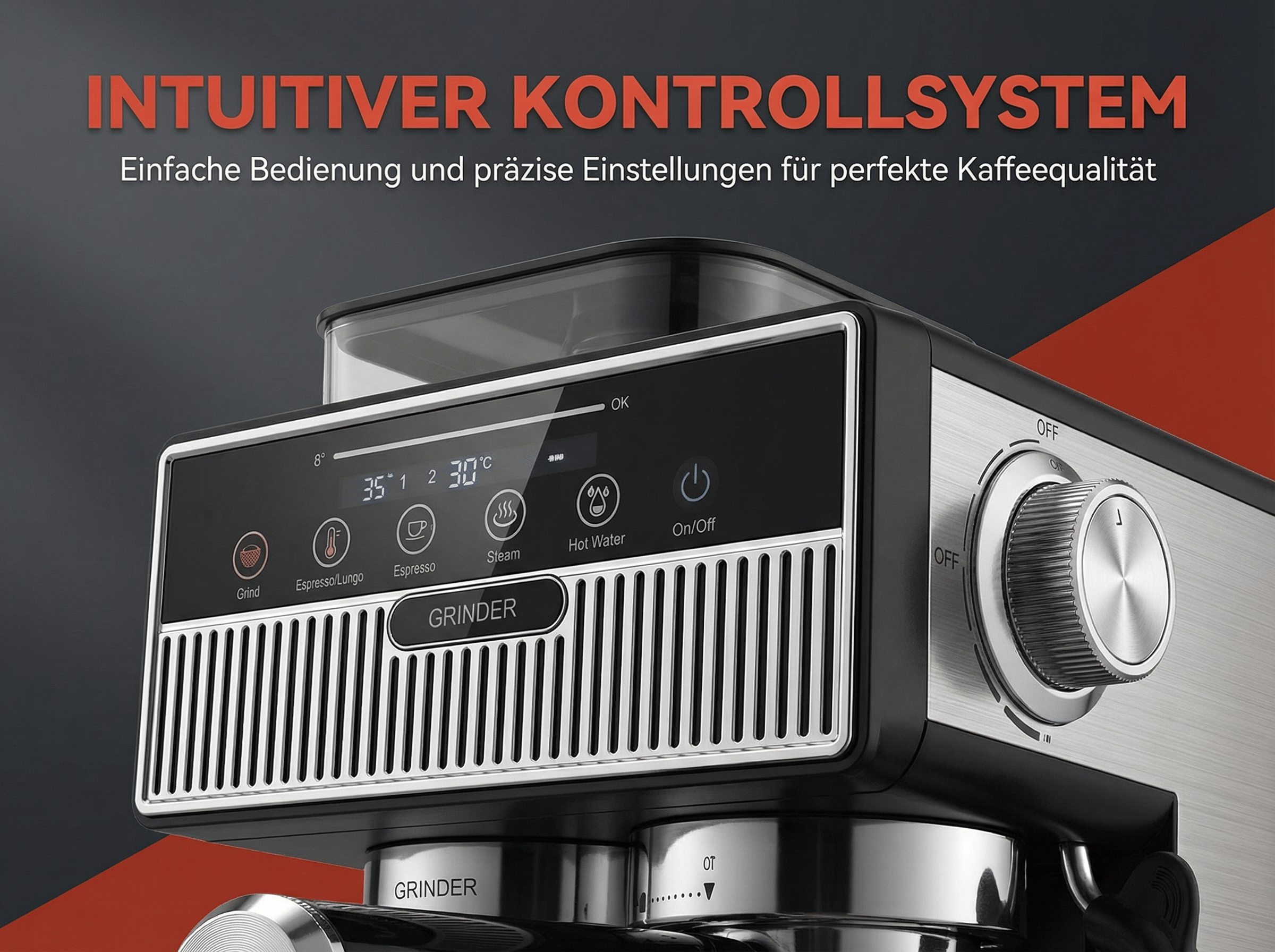 Kaffeemaschine mit digitalem Display, Bedienelementen und Drehreglern.