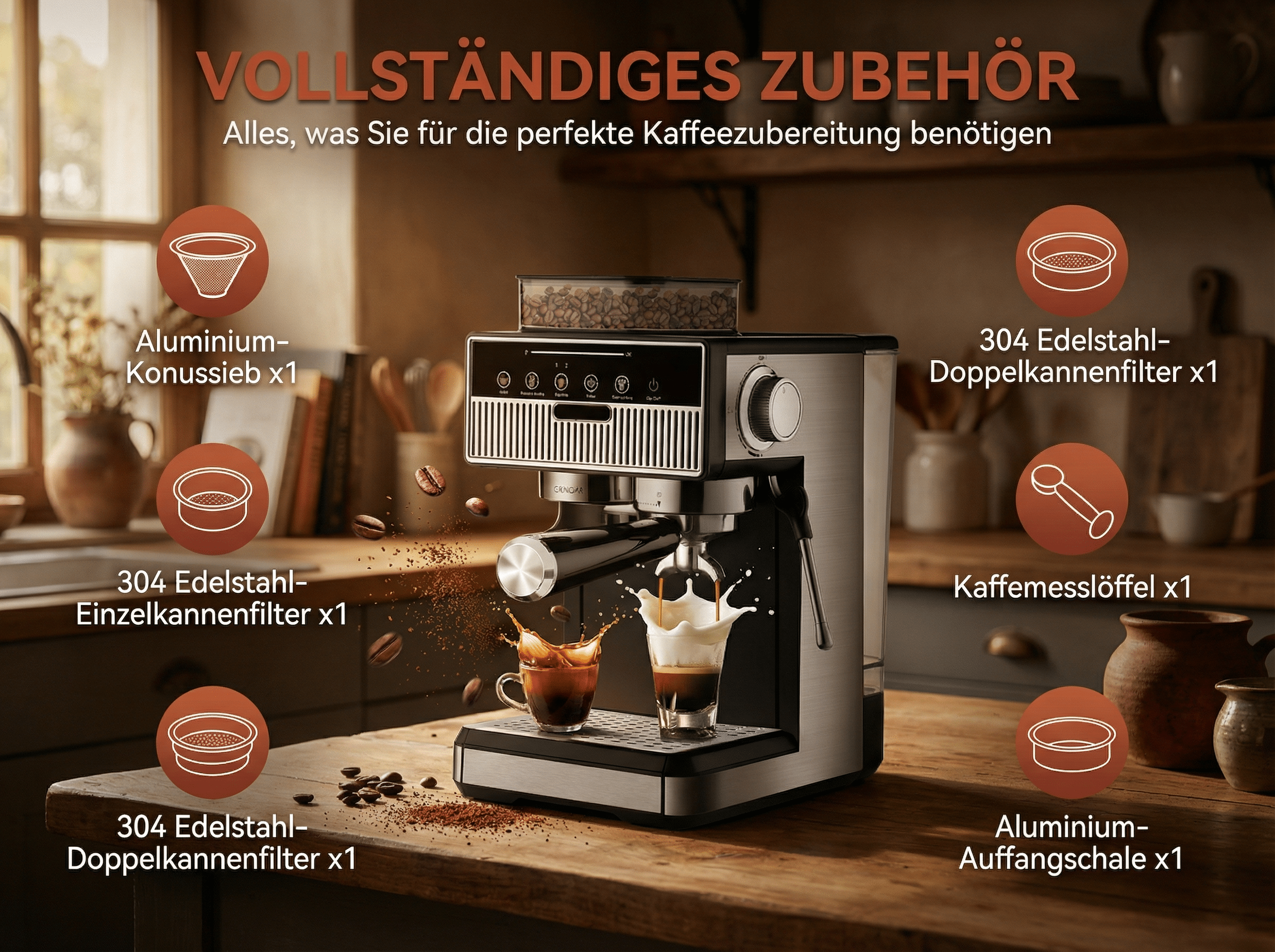 Kaffeemaschine mit Zubehör: Aluminium-Sieb, Edelstahl-Filter, Löffel.