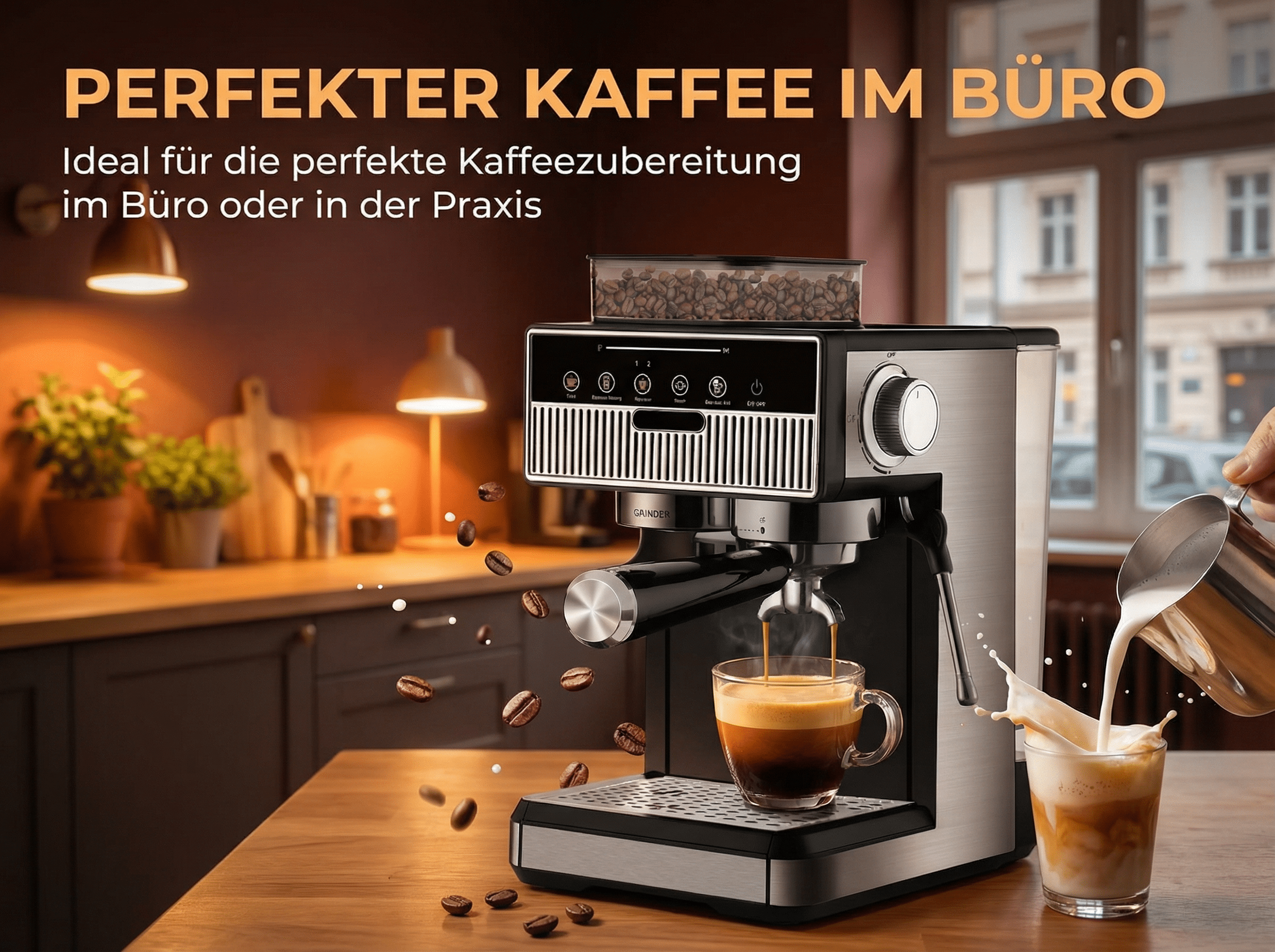 Kaffeemaschine bereitet Kaffee zu, während Milch in ein Glas gespritzt wird.