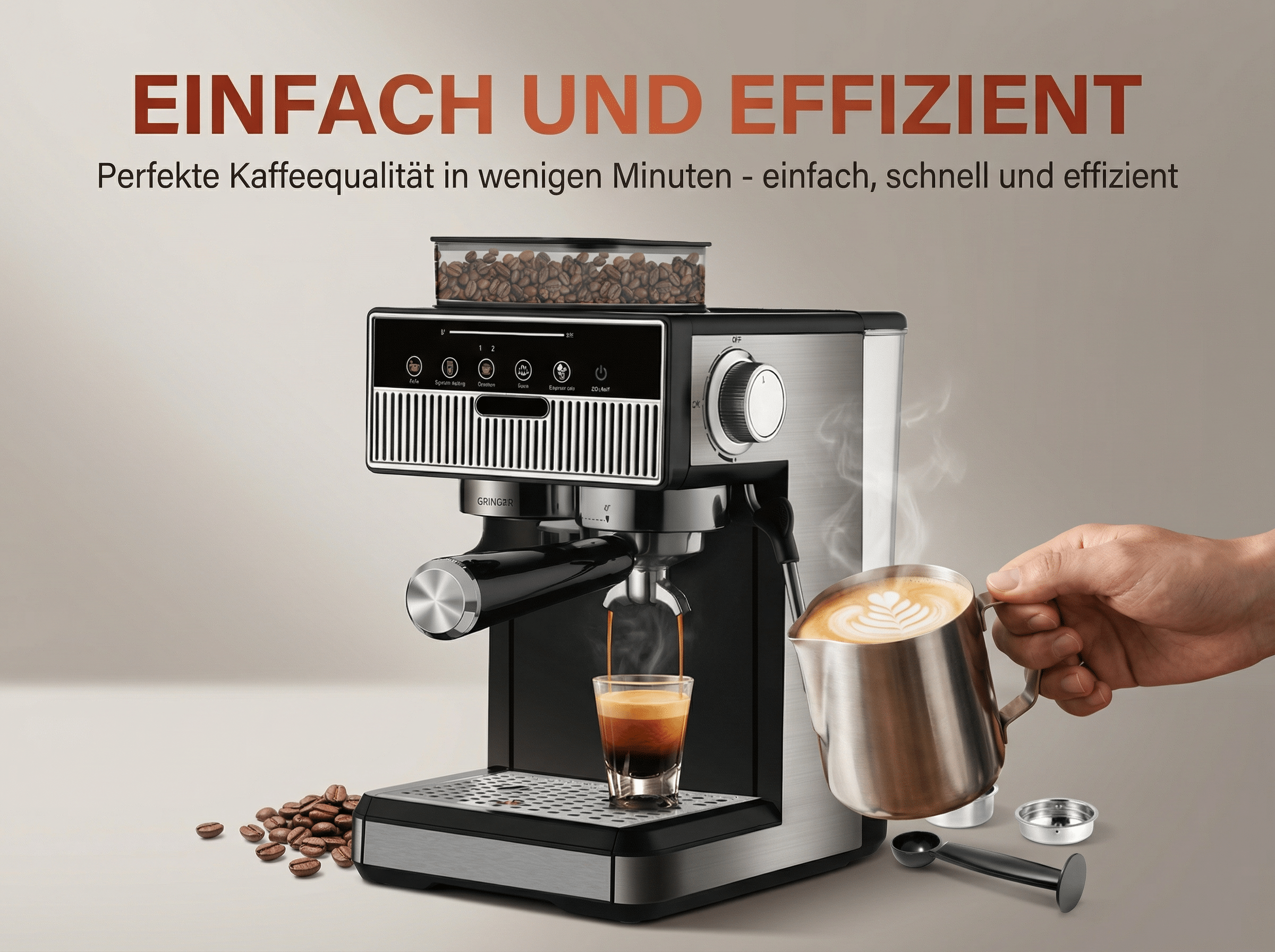 Kaffeemaschine mit Kaffeebohnen, Espresso und Milchkännchen.
