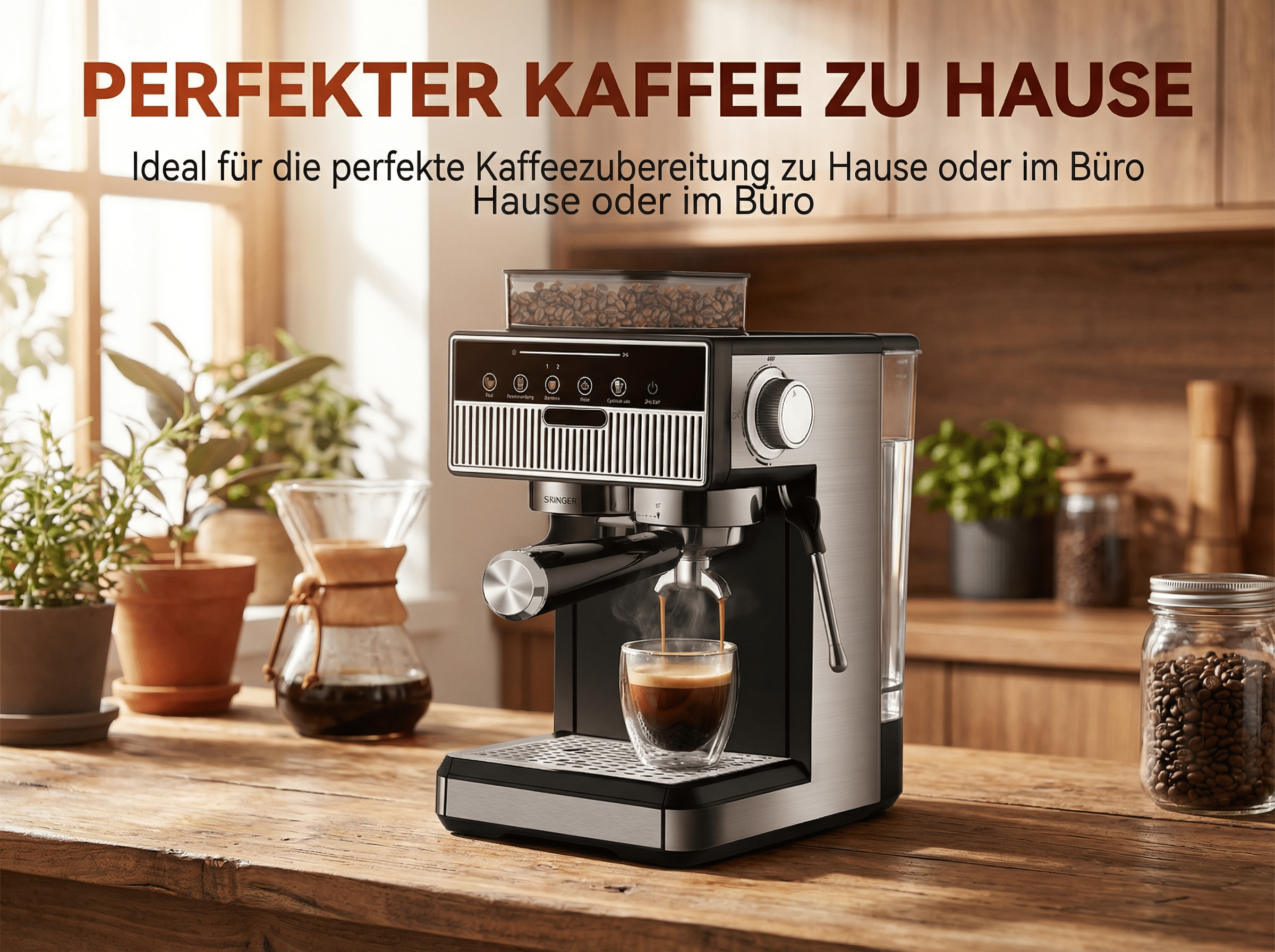 Eine silberne Kaffeemaschine brüht Espresso in ein Glas. Kaffeebohnen sind sichtbar.