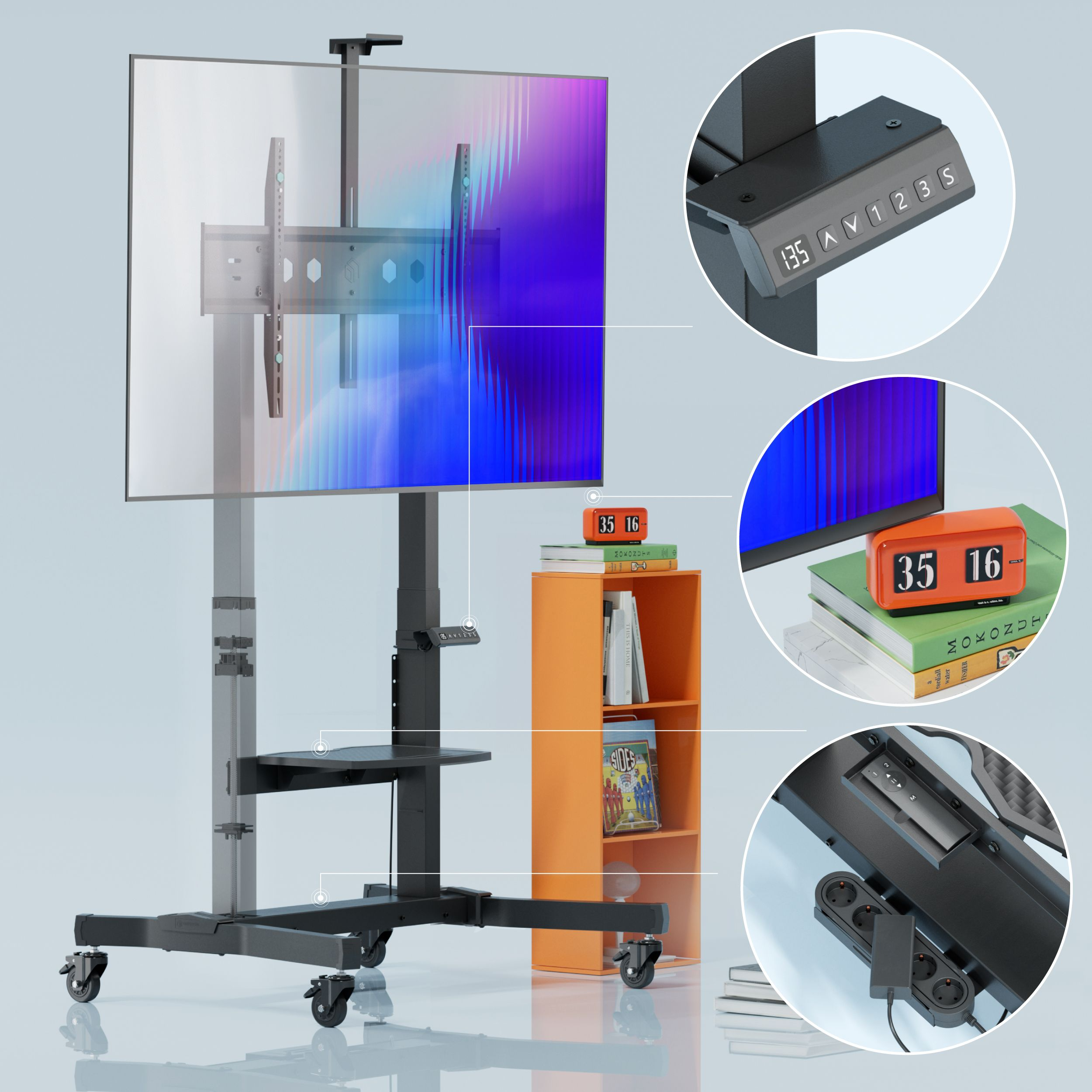 Mobilny stojak pod telewizor z dużym ekranem, pomarańczową półką i detalami panelu sterowania.