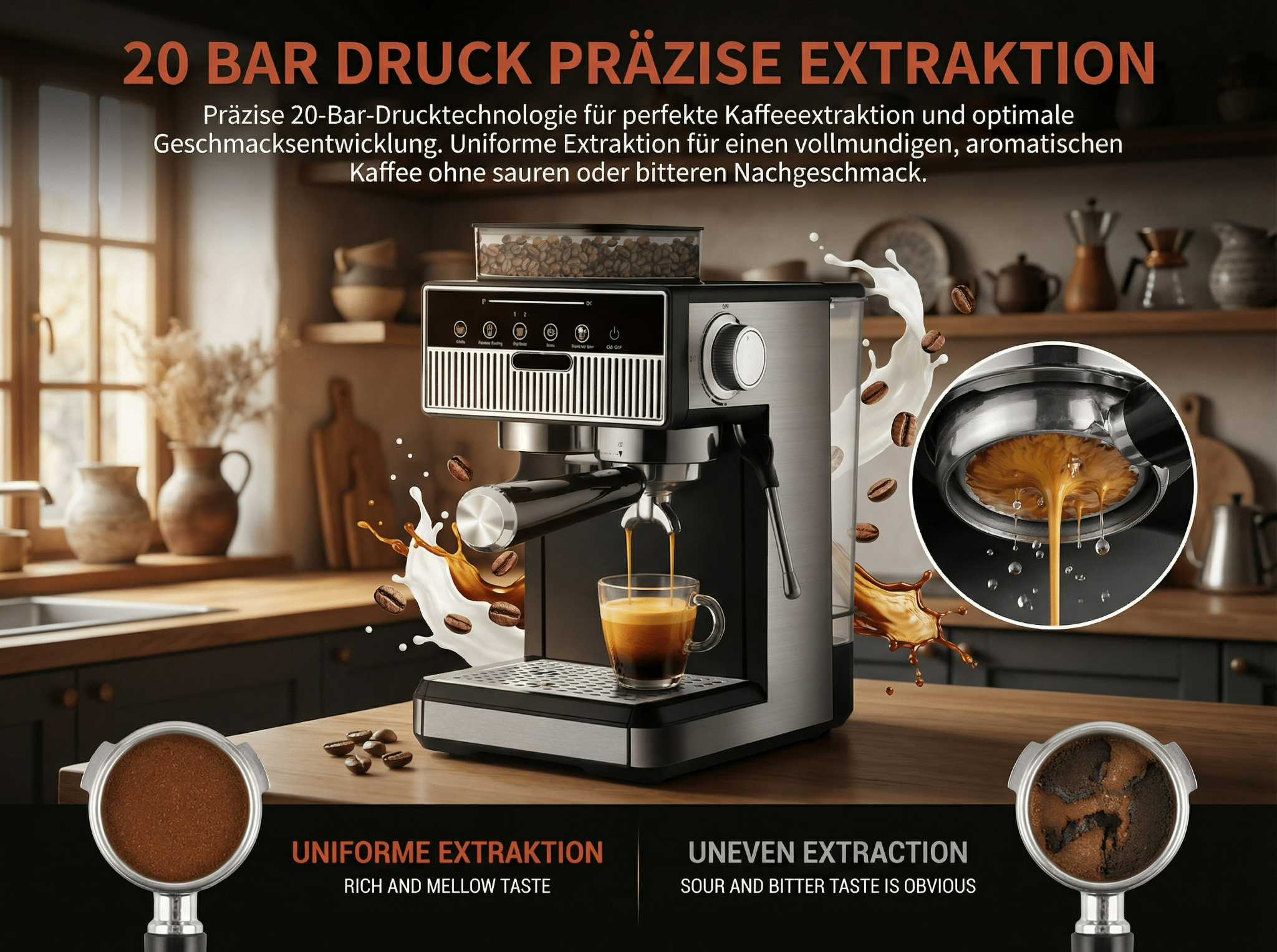 Kaffeemaschine mit 20-Bar-Druck, die Espresso extrahiert. Milchspritzer, Bohnen.