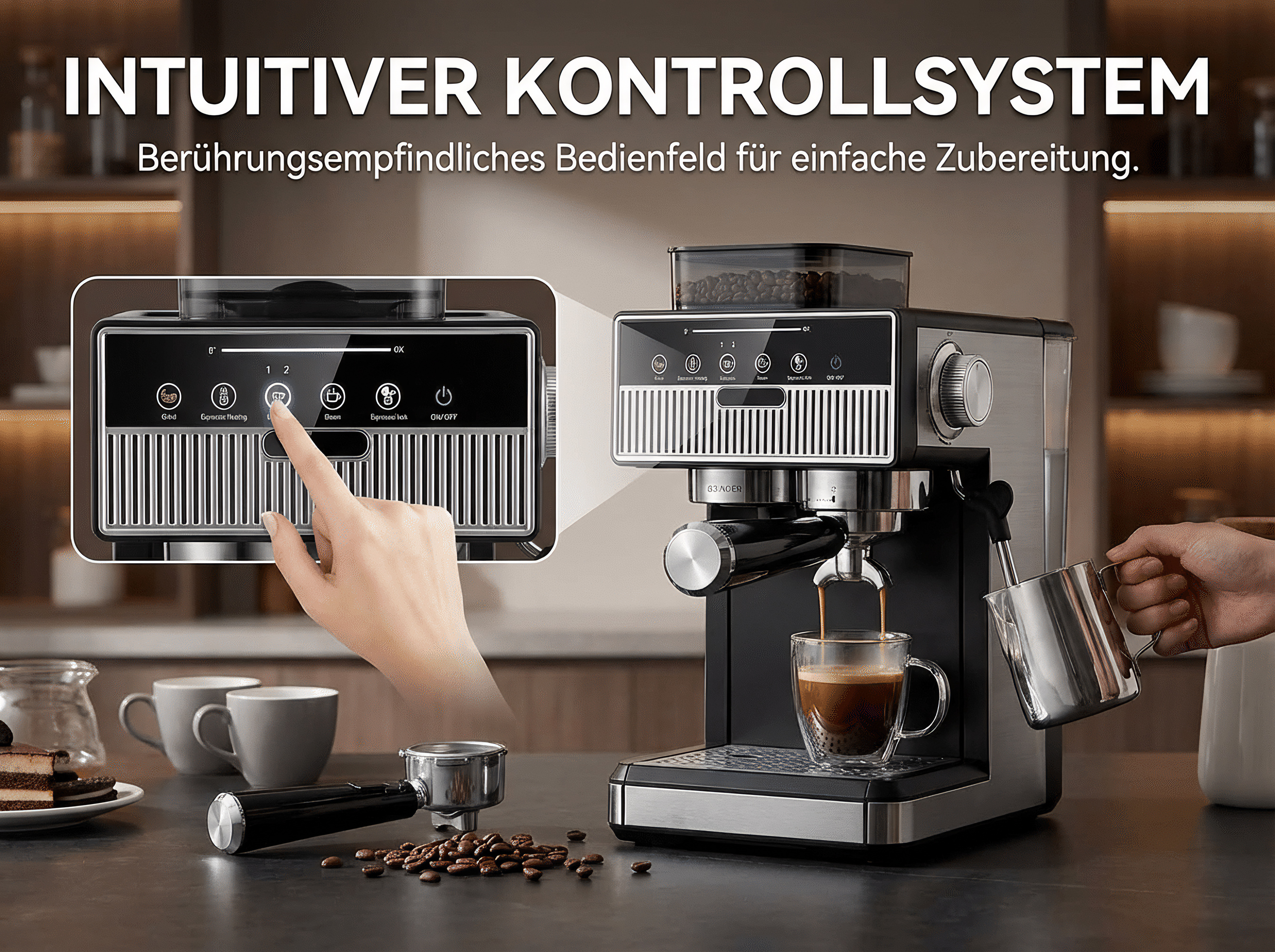 Eine Espressomaschine brüht Kaffee in eine Glas Tasse. Ein Siebträger liegt daneben.