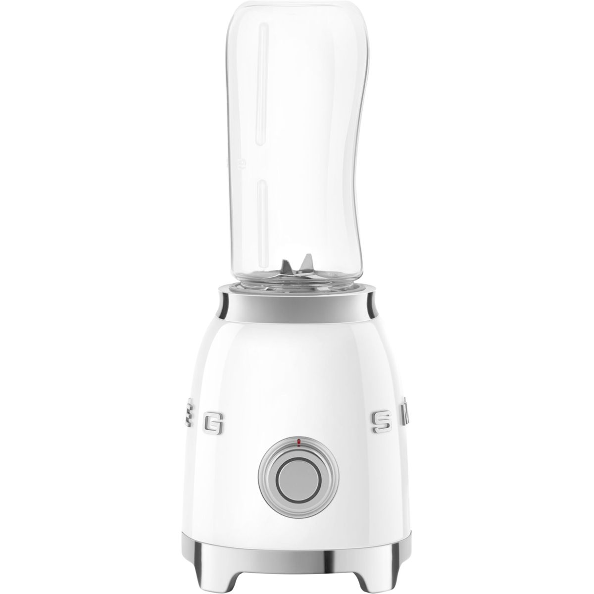Biały blender z srebrnymi akcentami i przezroczystym pojemnikiem.