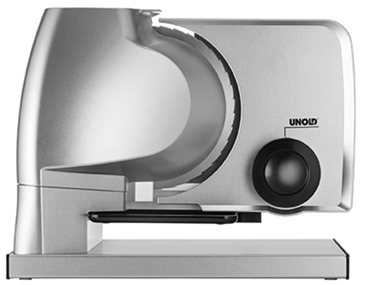 Srebrna elektryczna krajalnica z czarnym pokrętłem i logo.