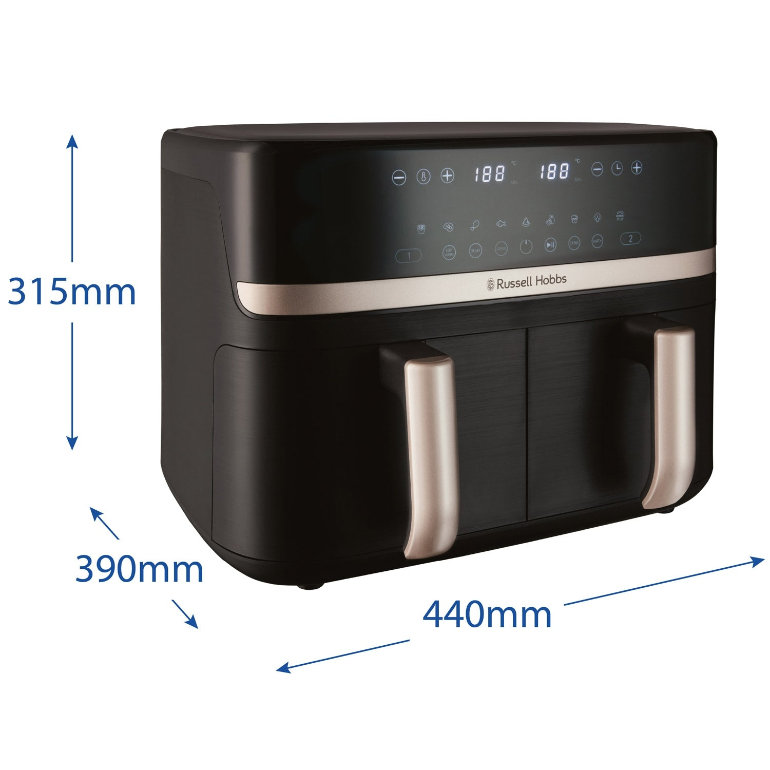 Czarna frytkownica beztłuszczowa z dwoma szufladami i cyfrowym wyświetlaczem.