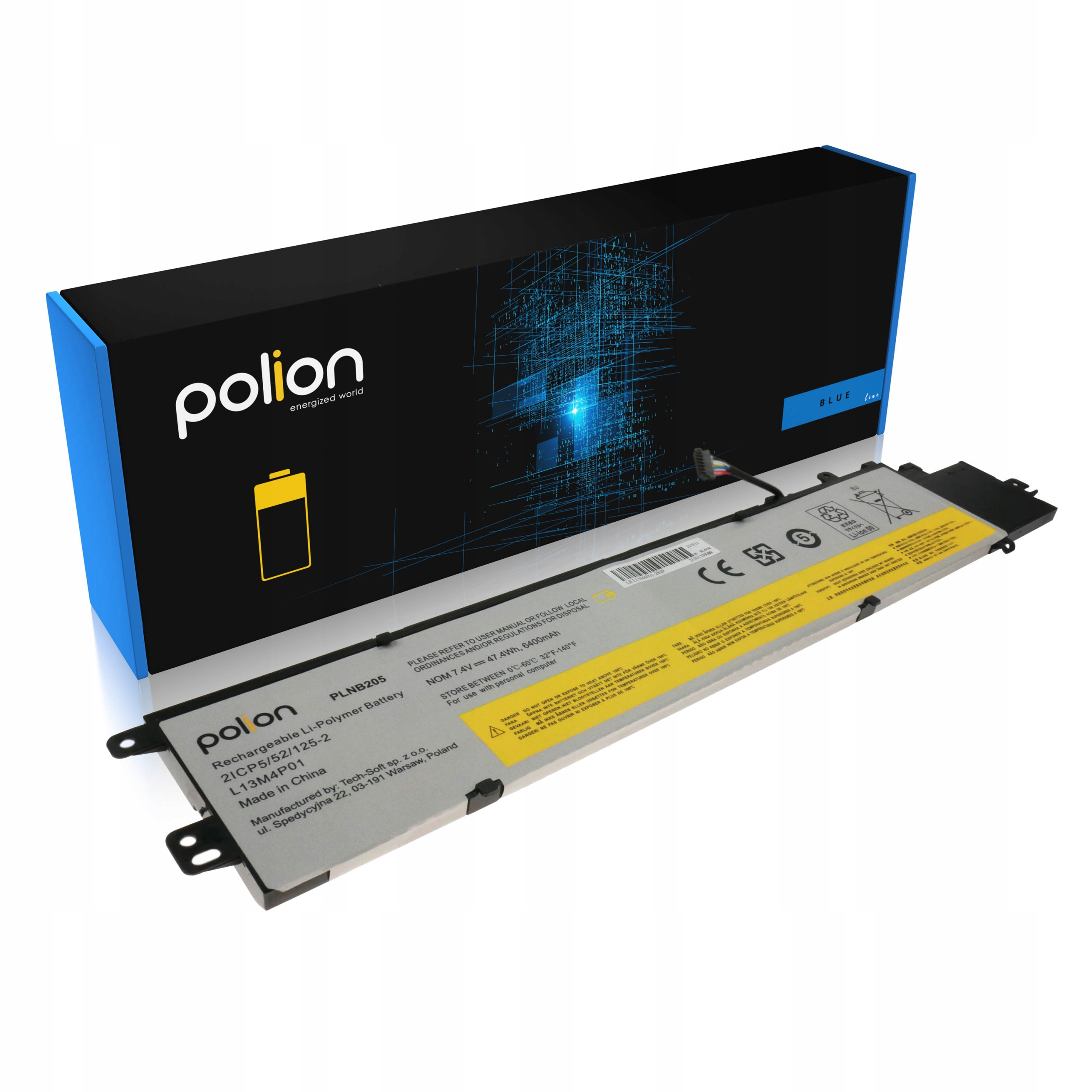 Czarna bateria do laptopa w niebieskim opakowaniu z abstrakcyjnym, cyfrowym, niebieskim wzorem.