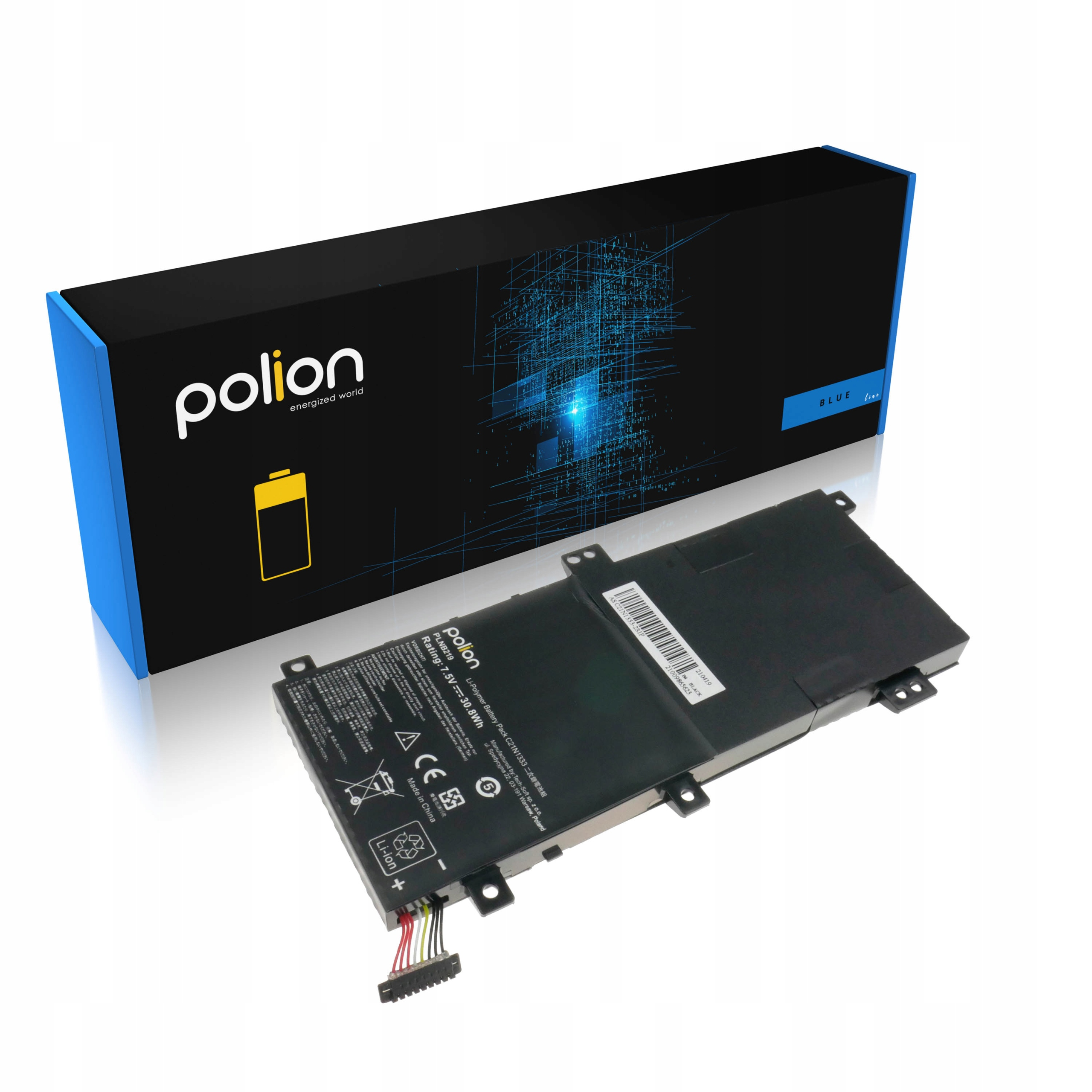 Czarna bateria do laptopa z kablami leży przed opakowaniem w niebieskim wzorze.