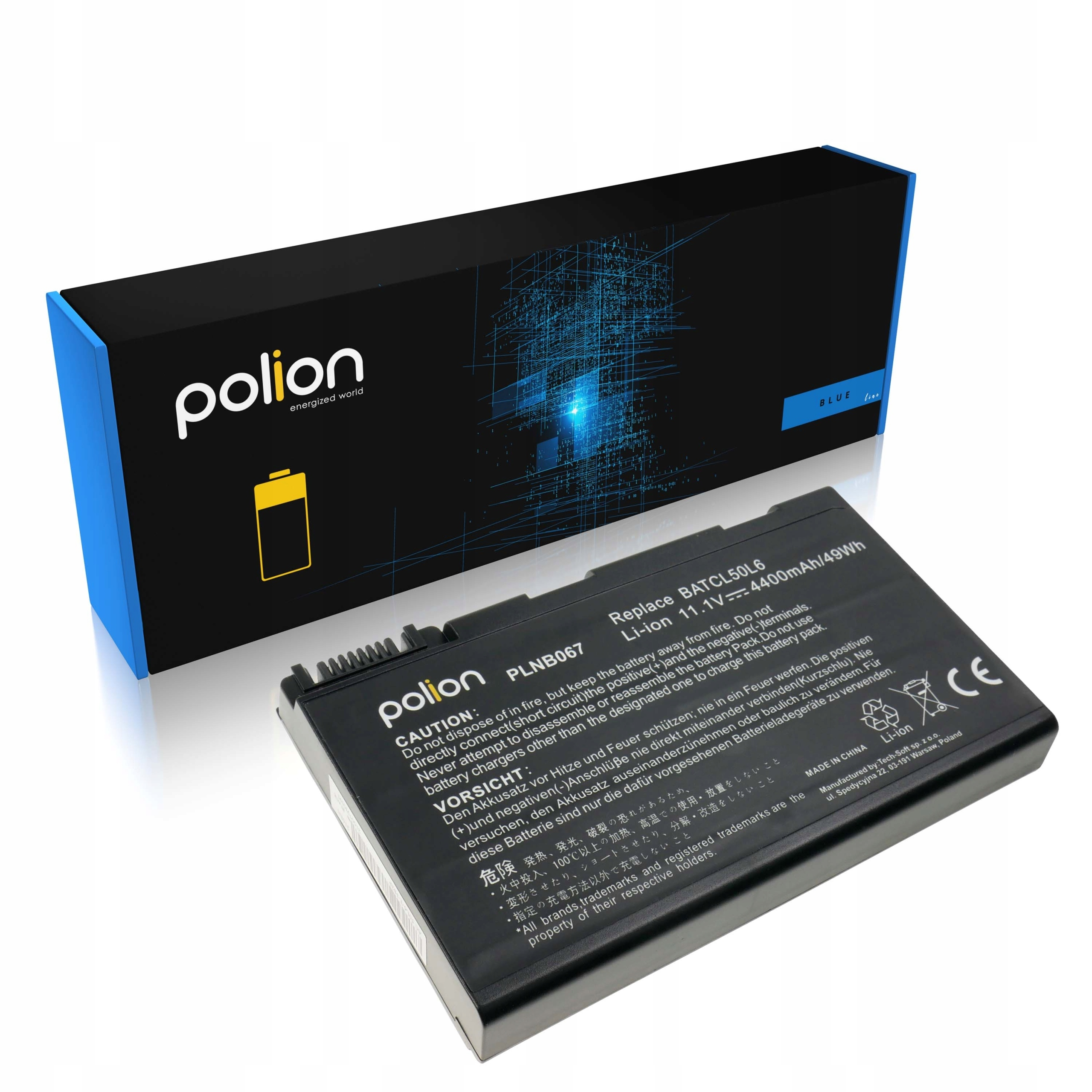 Czarna bateria do laptopa z logo polion na niebieskim tle.