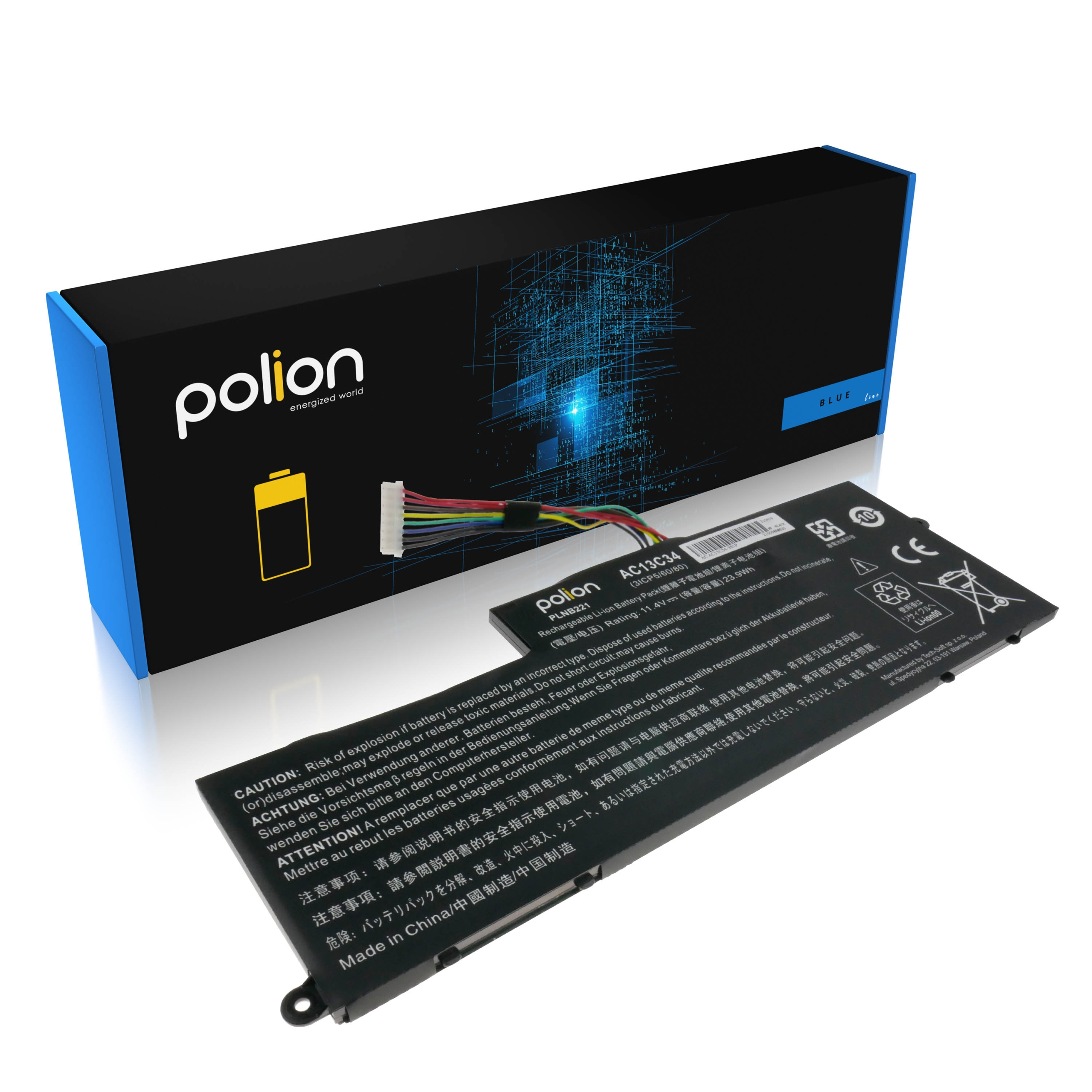 Czarna bateria do laptopa z kablami i wielojęzycznymi etykietami ostrzegawczymi.