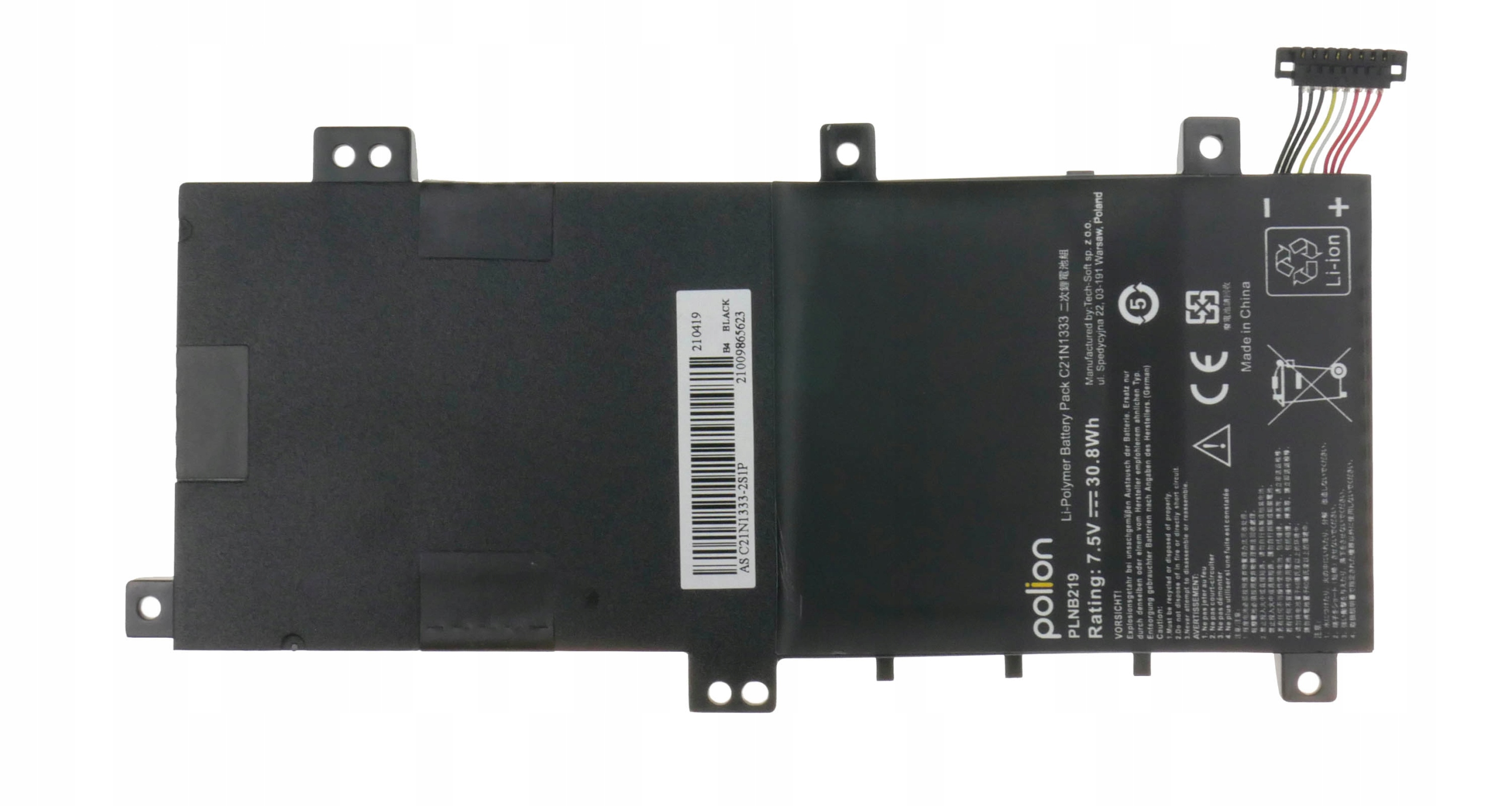 Czarny akumulator Li-Polimer z kablami, etykietami i symbolami ostrzegawczymi.