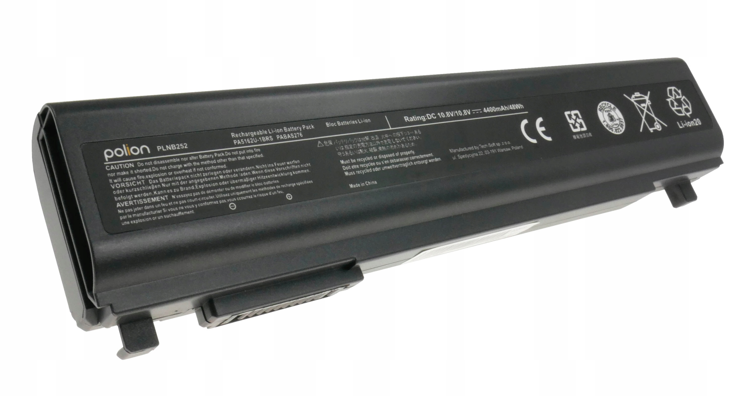 Czarna bateria litowo-jonowa do laptopa z etykietami ostrzegawczymi i znakiem CE.