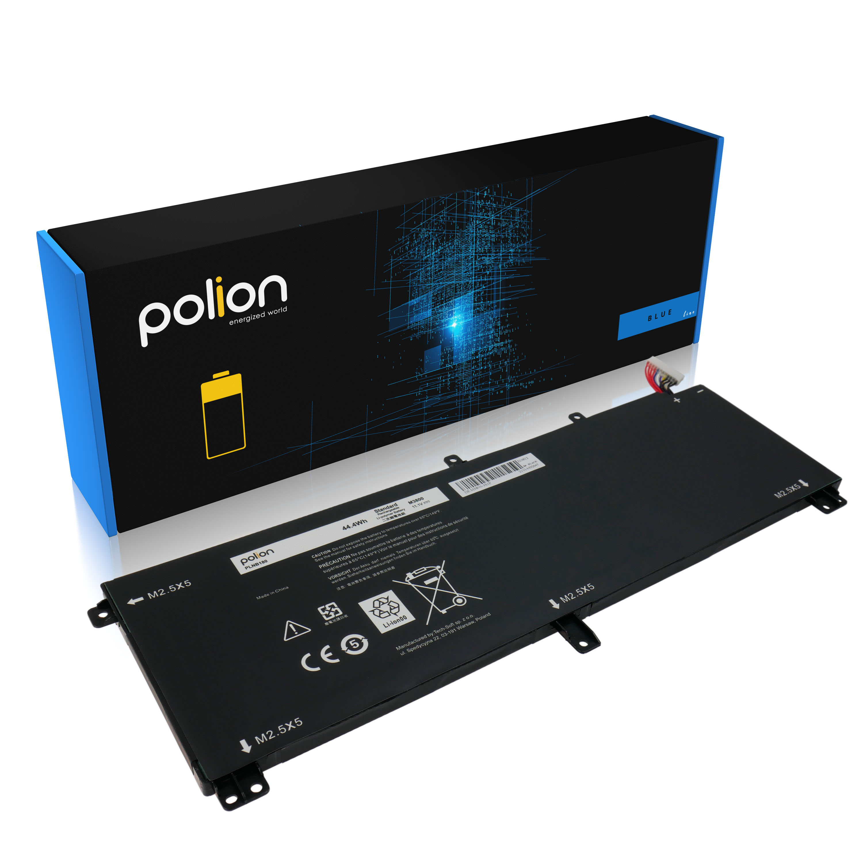 Czarna bateria z kablami i opakowaniem z niebieską krawędzią.