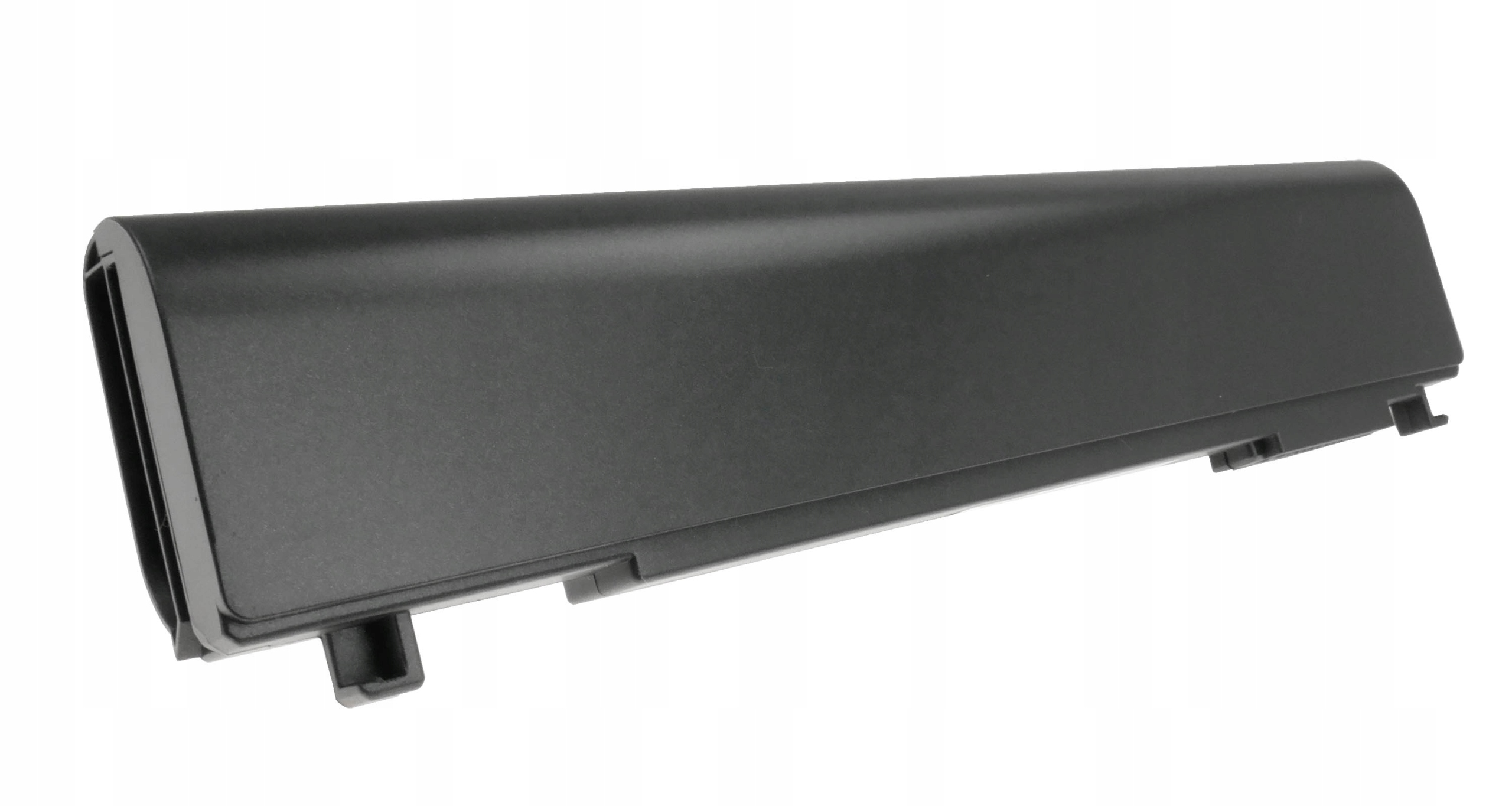 Czarna, prostokątna obudowa baterii laptopa z klipsami na dole.