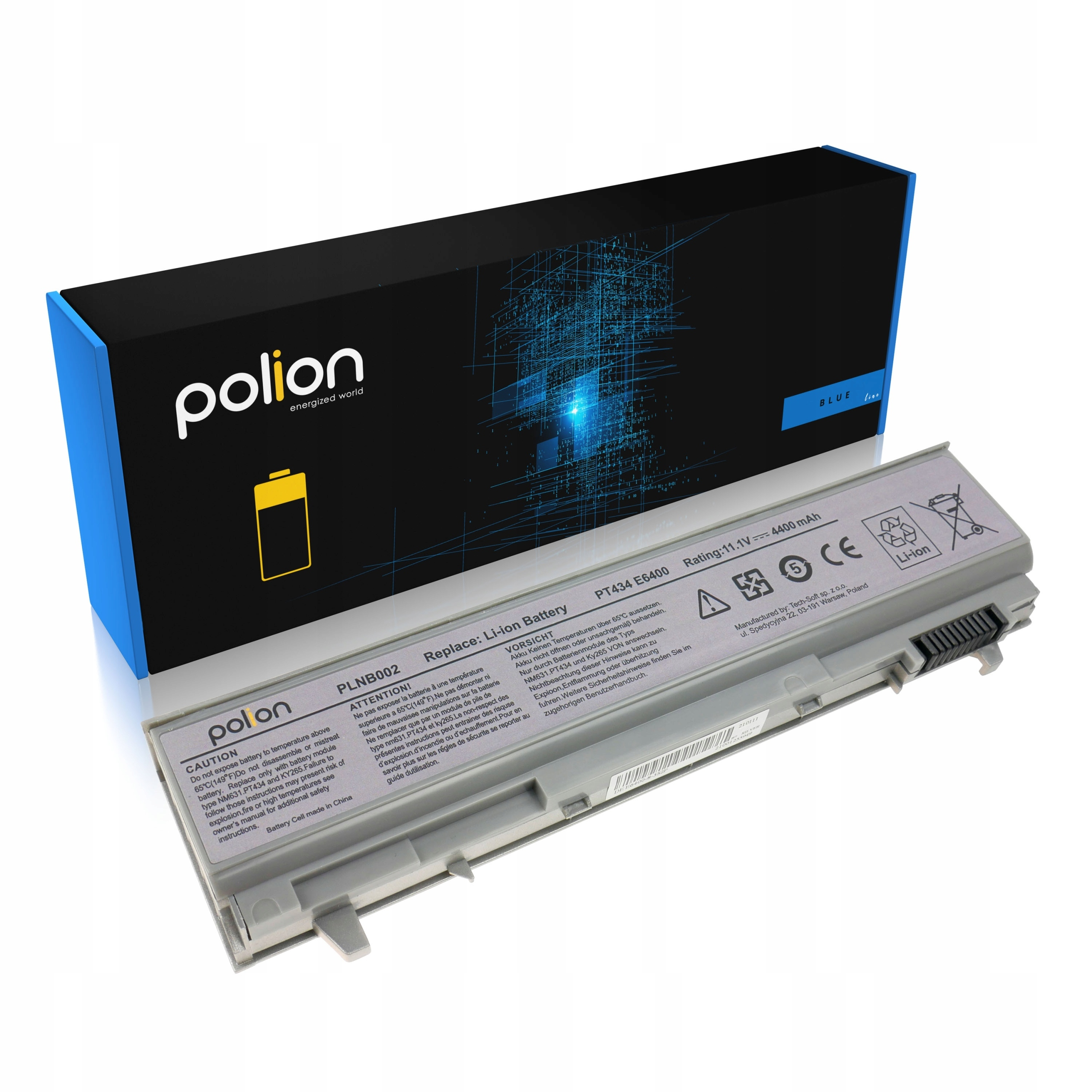 Szary akumulator do laptopa z symbolami ostrzegawczymi i informacjami producenta.