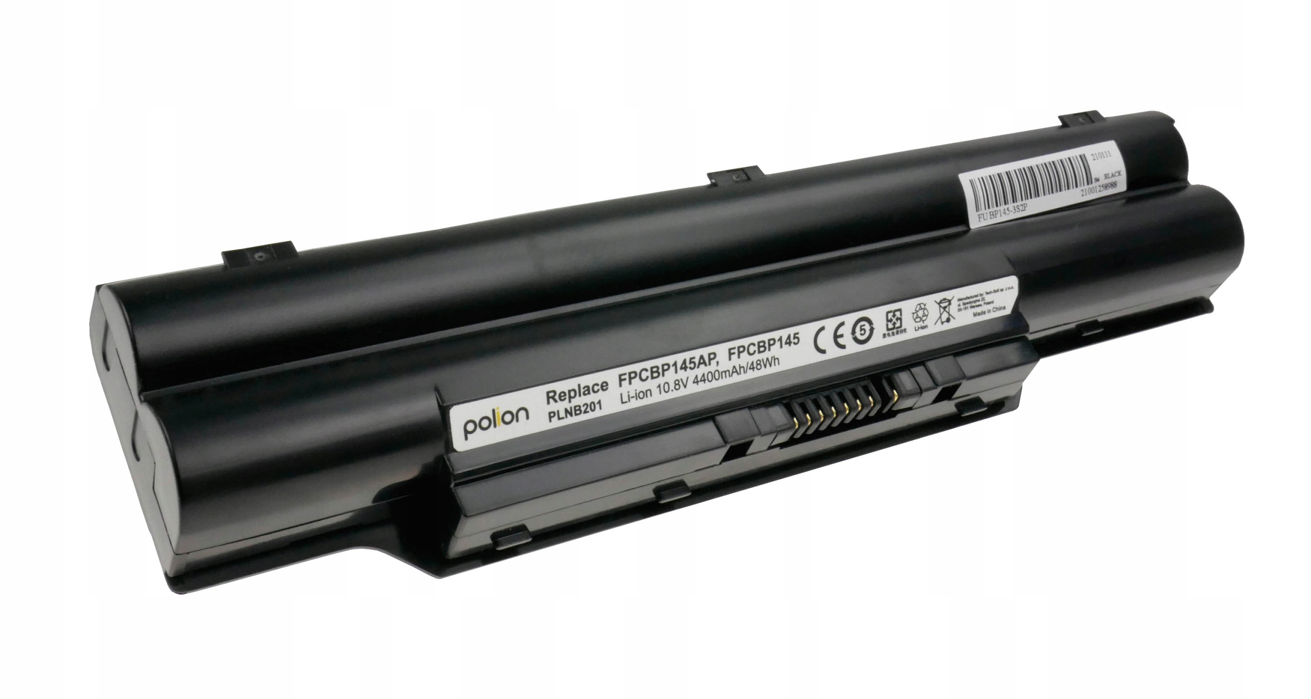 Dwie czarne baterie do laptopa z etykietami pokazującymi model i specyfikacje.