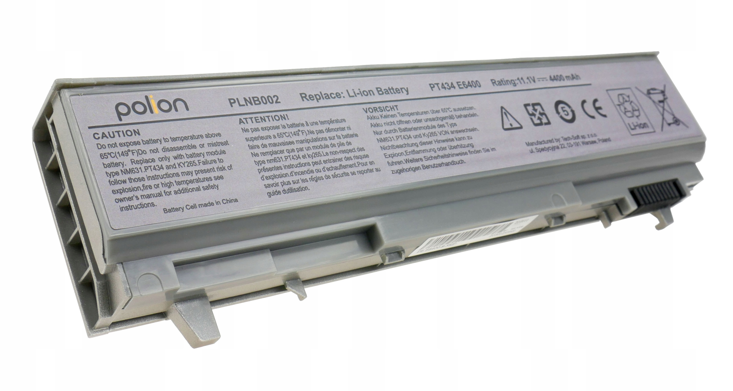 Szary akumulator Li-ion z ostrzeżeniami i specyfikacjami na etykiecie.