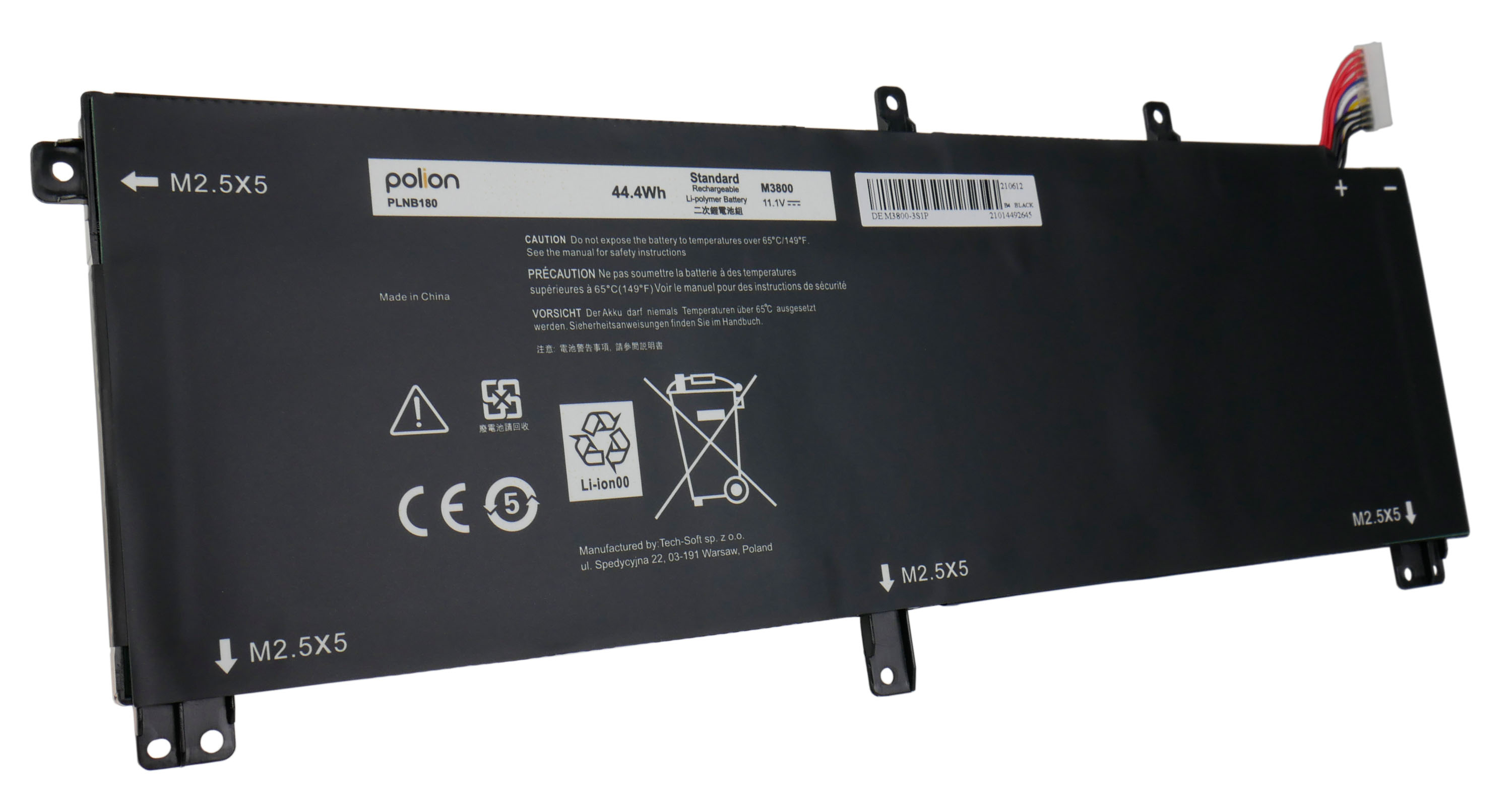 Czarna bateria do laptopa z etykietami, punktami montażowymi M2.5x5 i kablami.