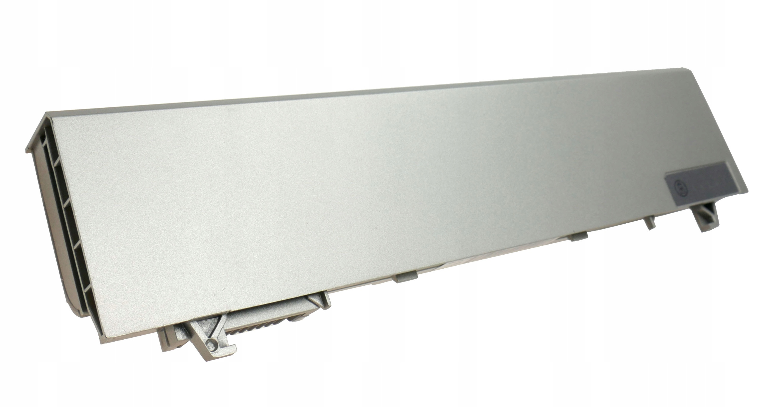 Srebrna bateria do laptopa z otworami wentylacyjnymi i złączami.