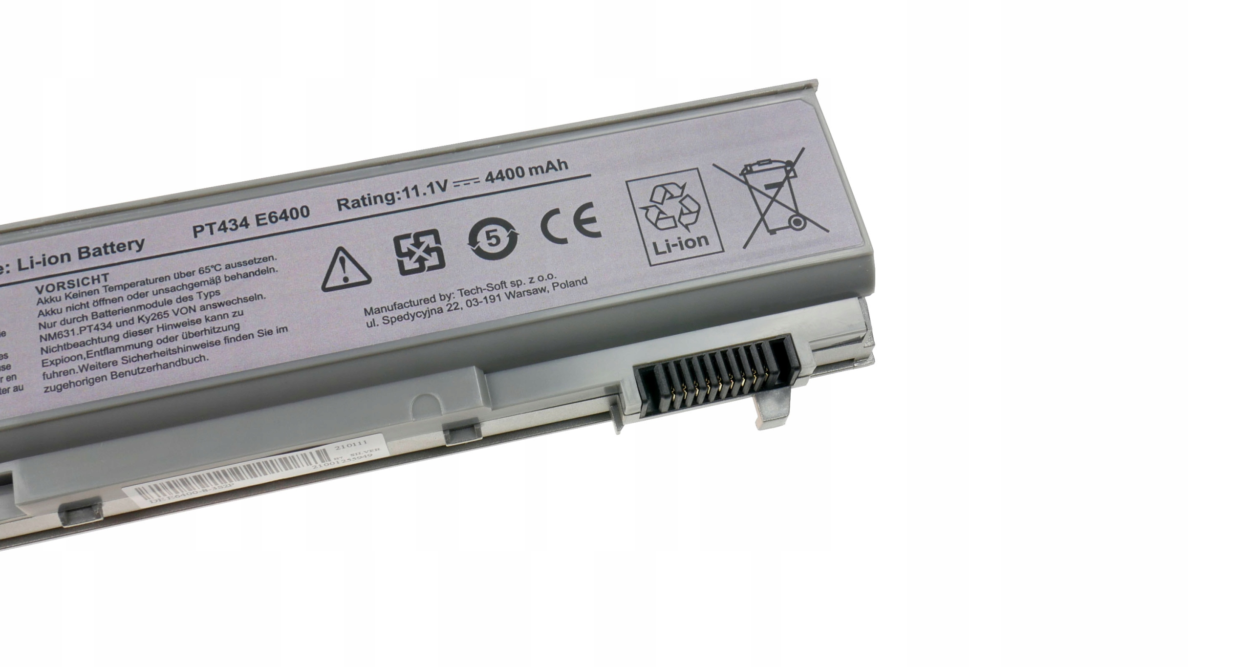 Srebrna bateria Li-ion do laptopa, PT434 E6400, 11.1V, 4400mAh z symbolami ostrzegawczymi.