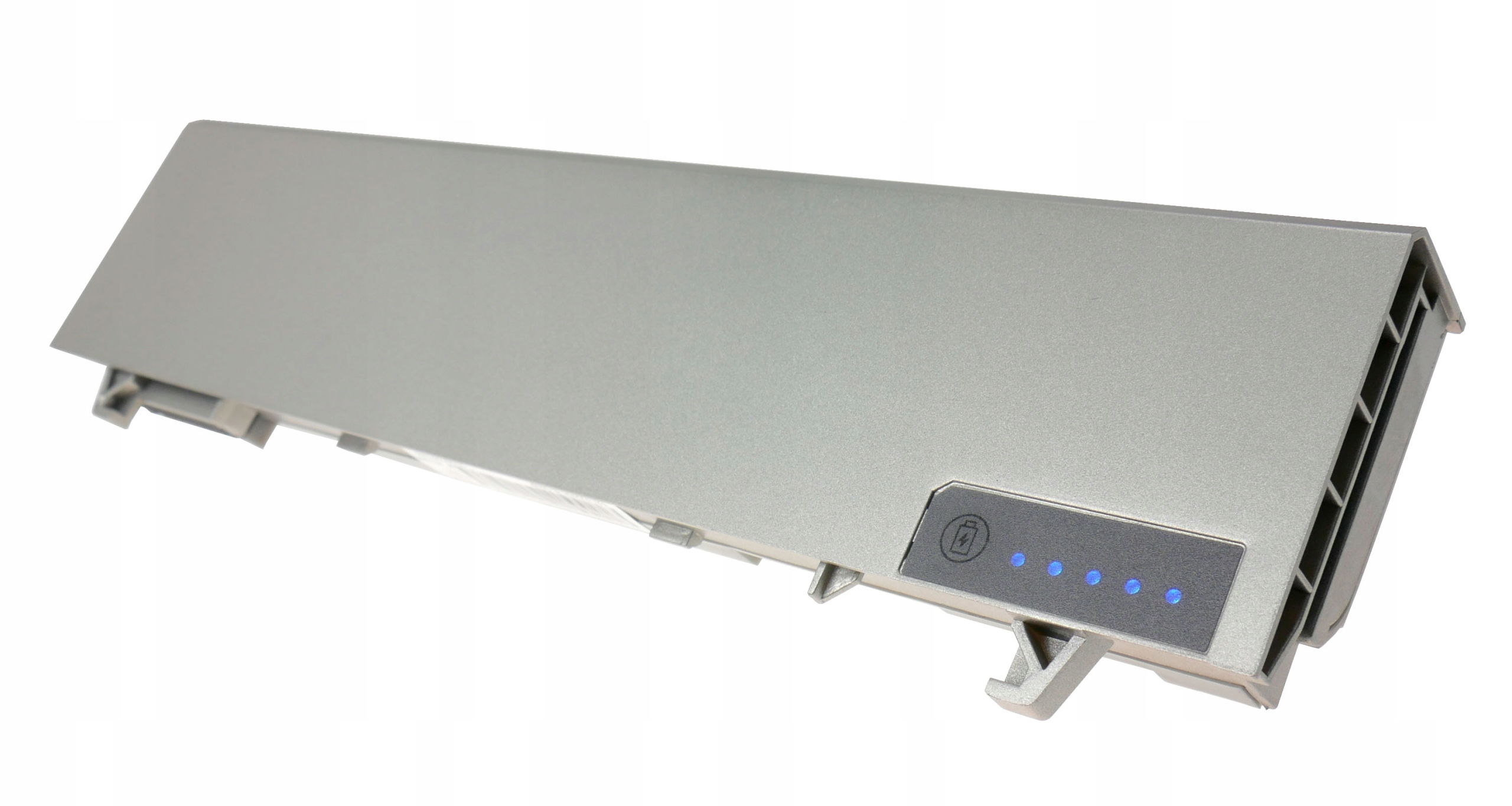 Szara bateria do laptopa ze wskaźnikiem naładowania i niebieskimi diodami.