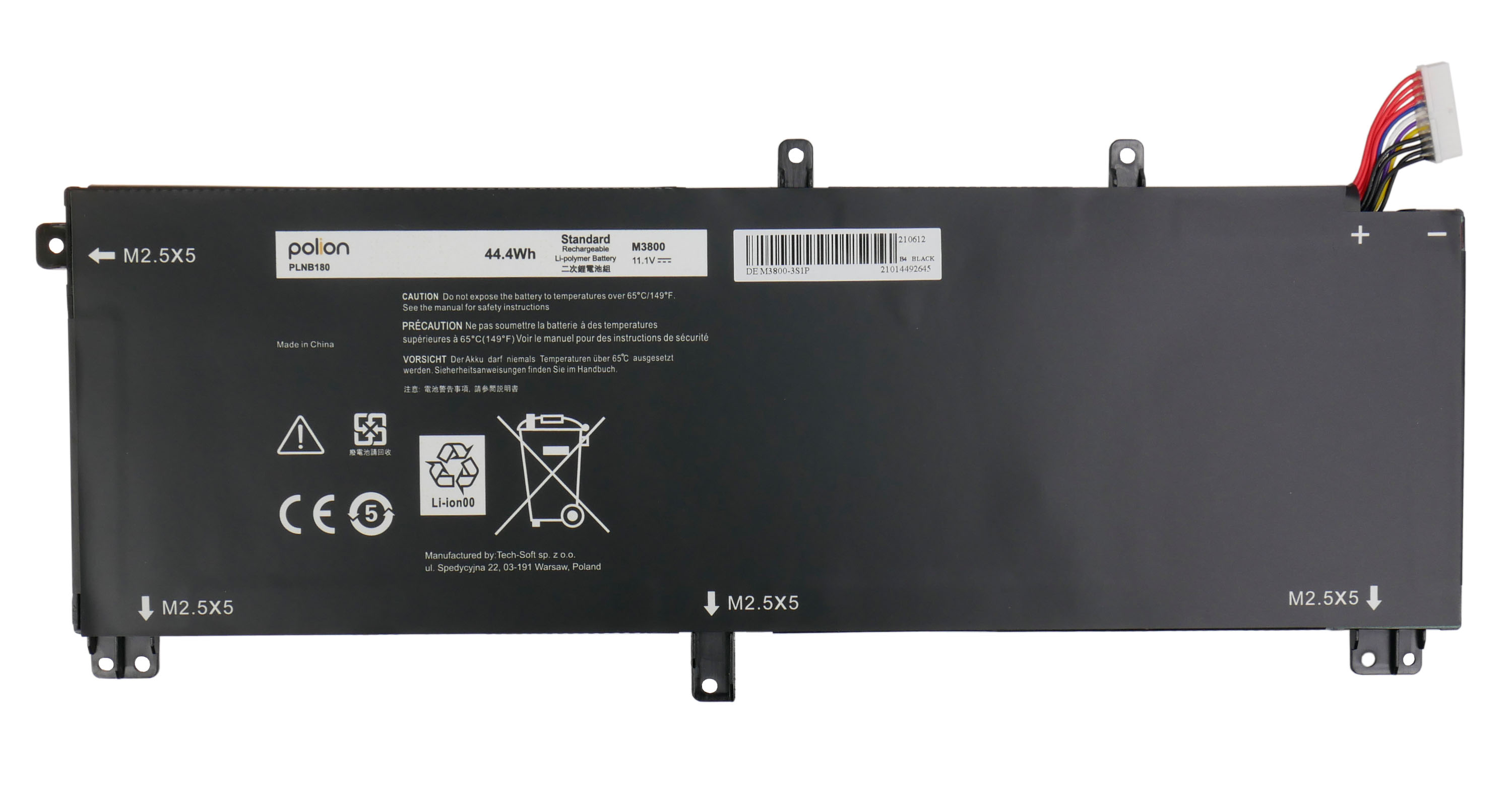 Czarna bateria do laptopa z kablami, etykietami i symbolami ostrzegawczymi.