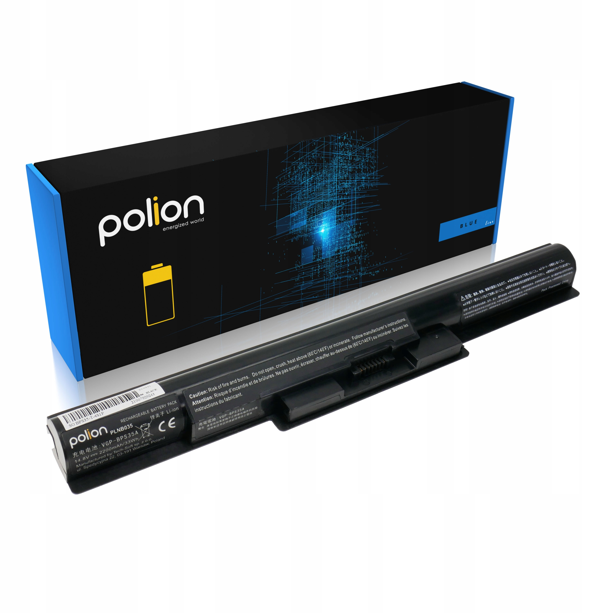 Czarna bateria do laptopa Polion leży przed niebiesko-czarnym pudełkiem.