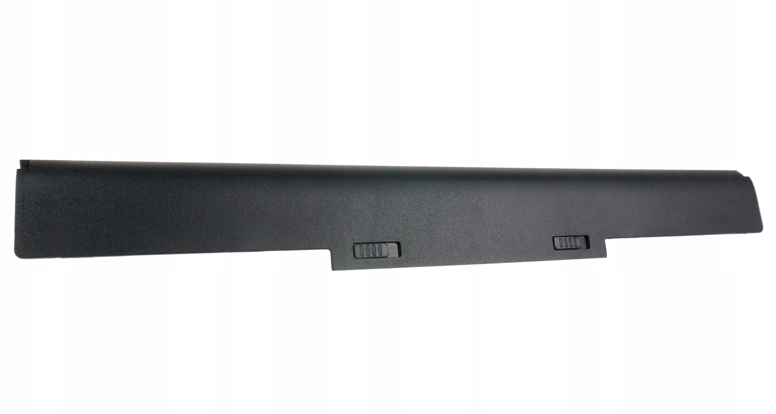 Czarna bateria do laptopa z dwoma mechanizmami blokującymi w profilu.