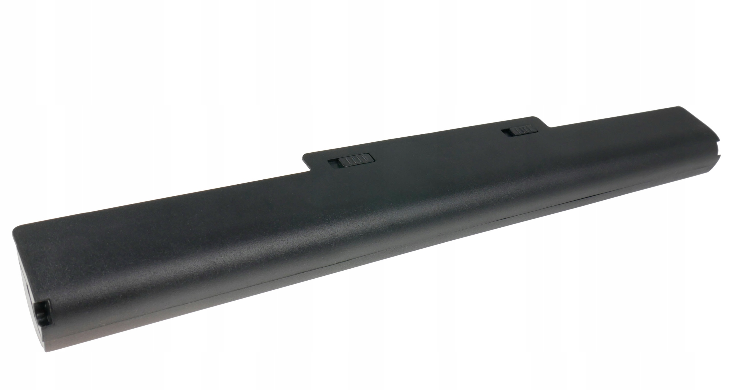 Czarna bateria do laptopa z przełącznikami na białym tle.