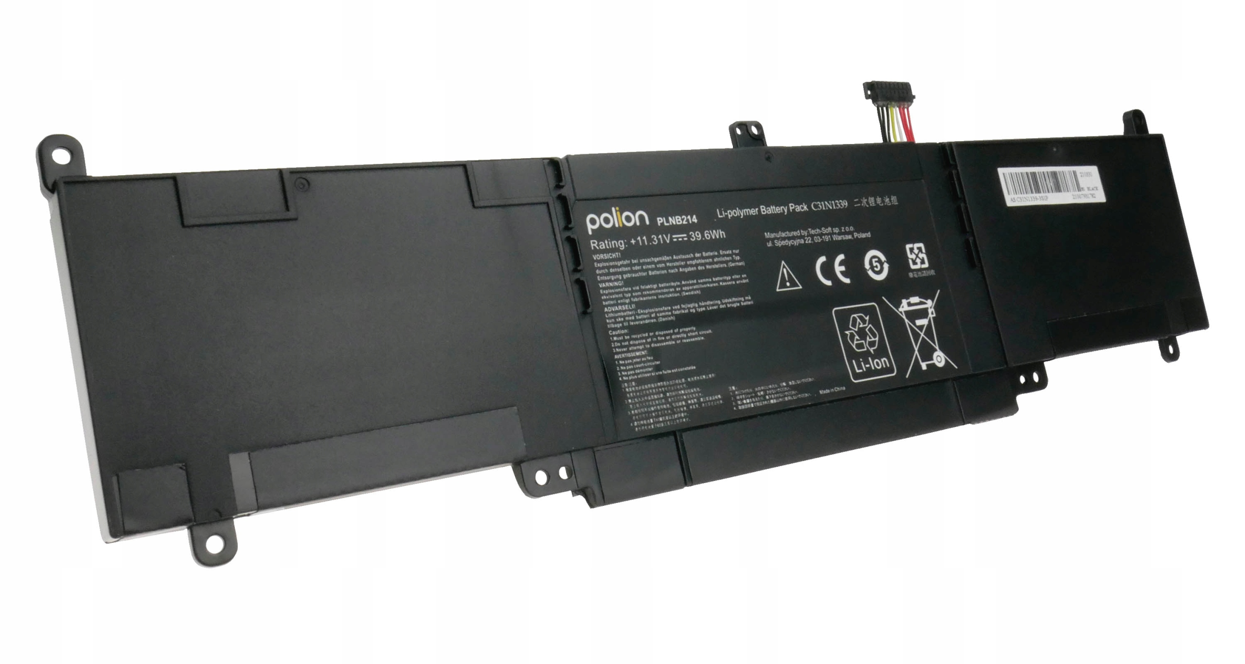 Czarny akumulator Li-polimerowy z logo Polion i szczegółami technicznymi.