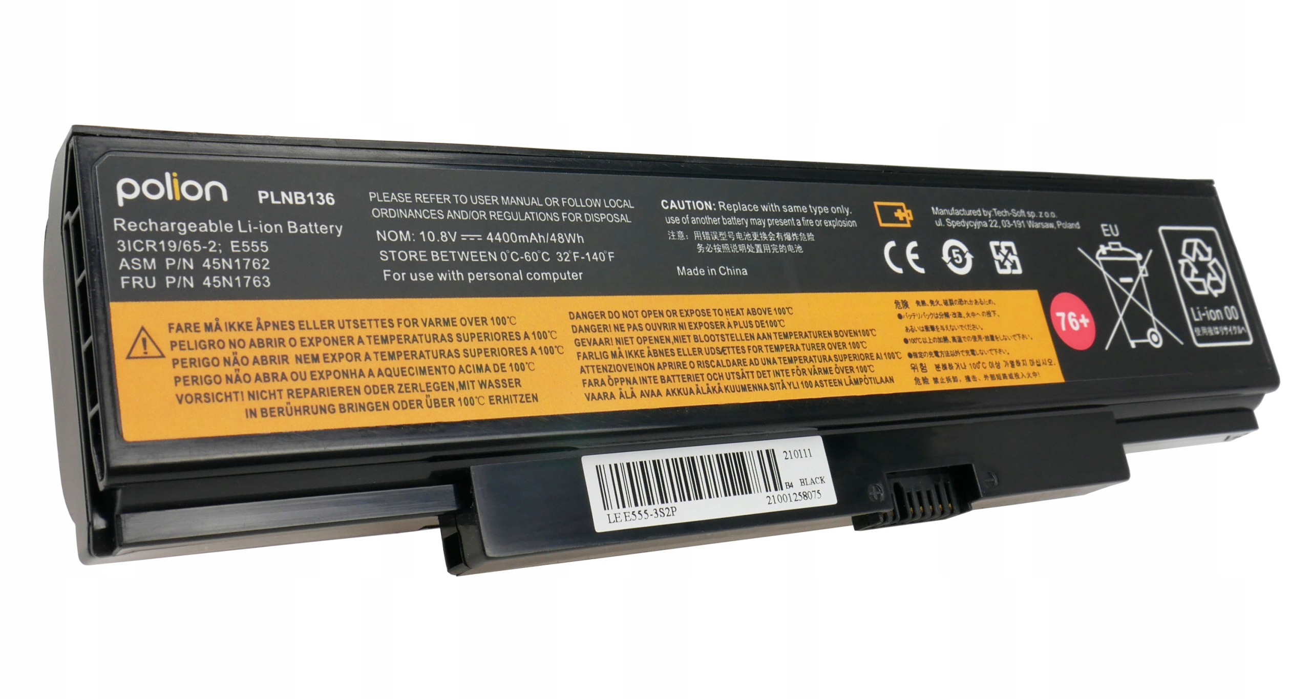 Czarna bateria do laptopa Polion, model PLNB136, z etykietami ostrzegawczymi.