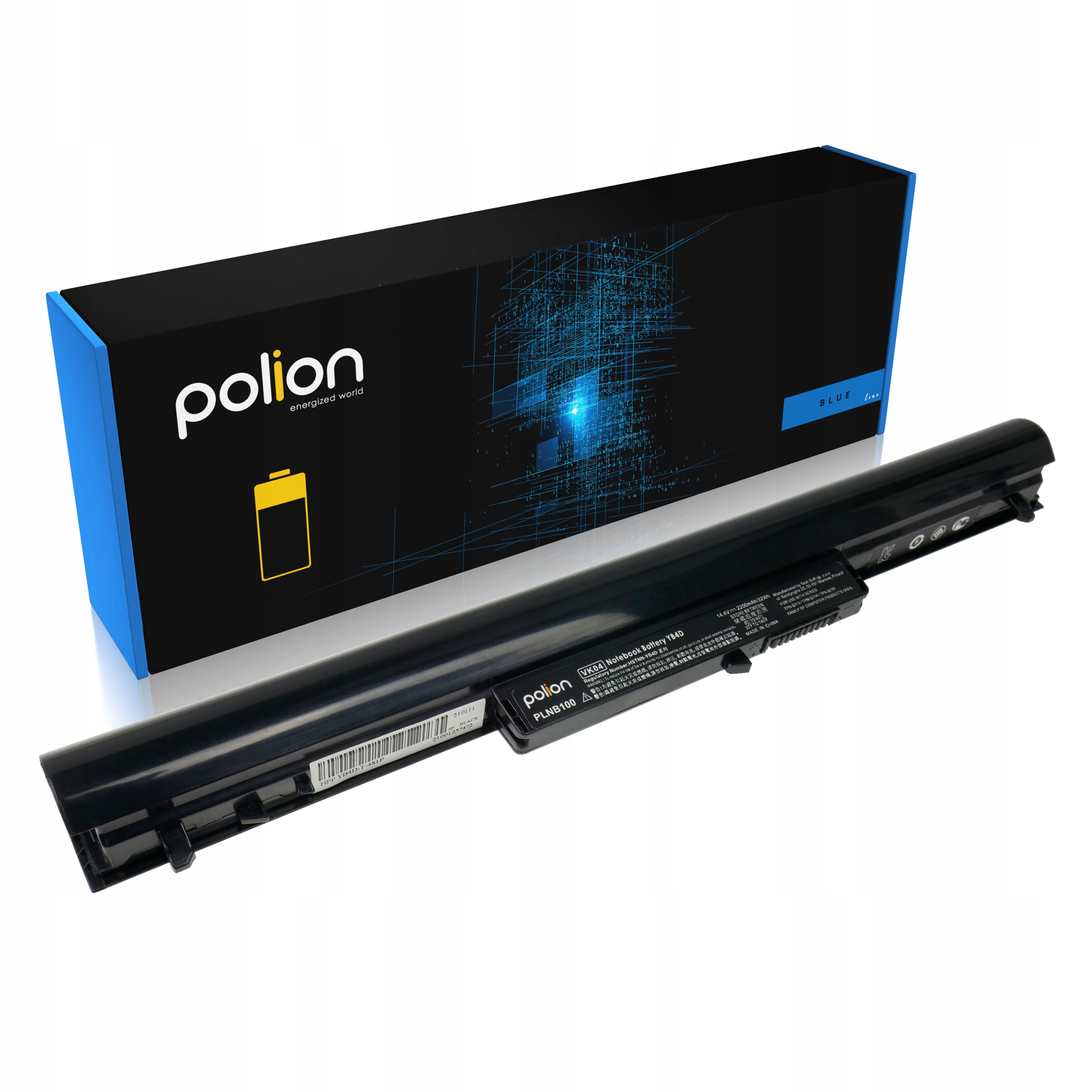 Czarna bateria do laptopa obok niebiesko-czarnego pudełka z cyfrowym wzorem.