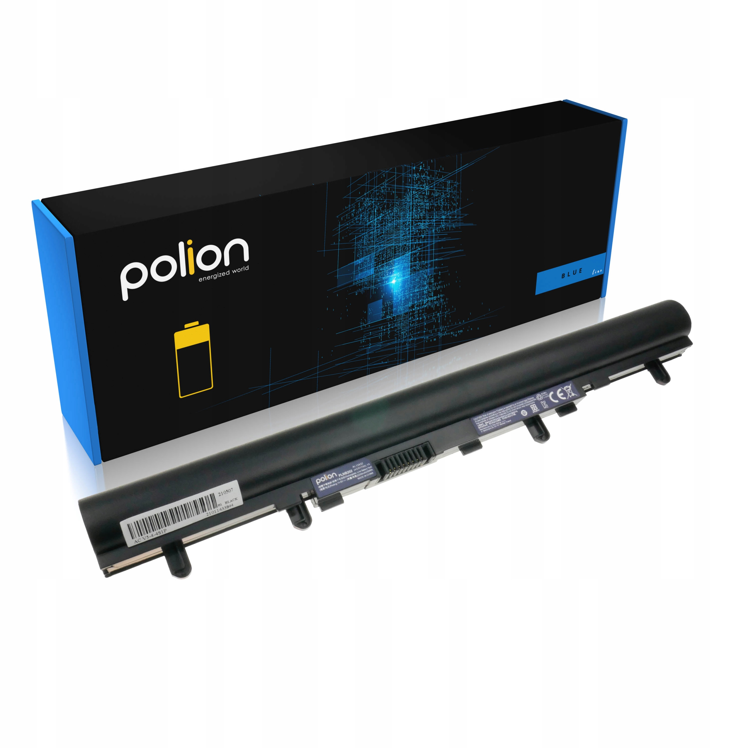 Czarna bateria do laptopa leży obok czarnego pudełka z niebieską ramką.