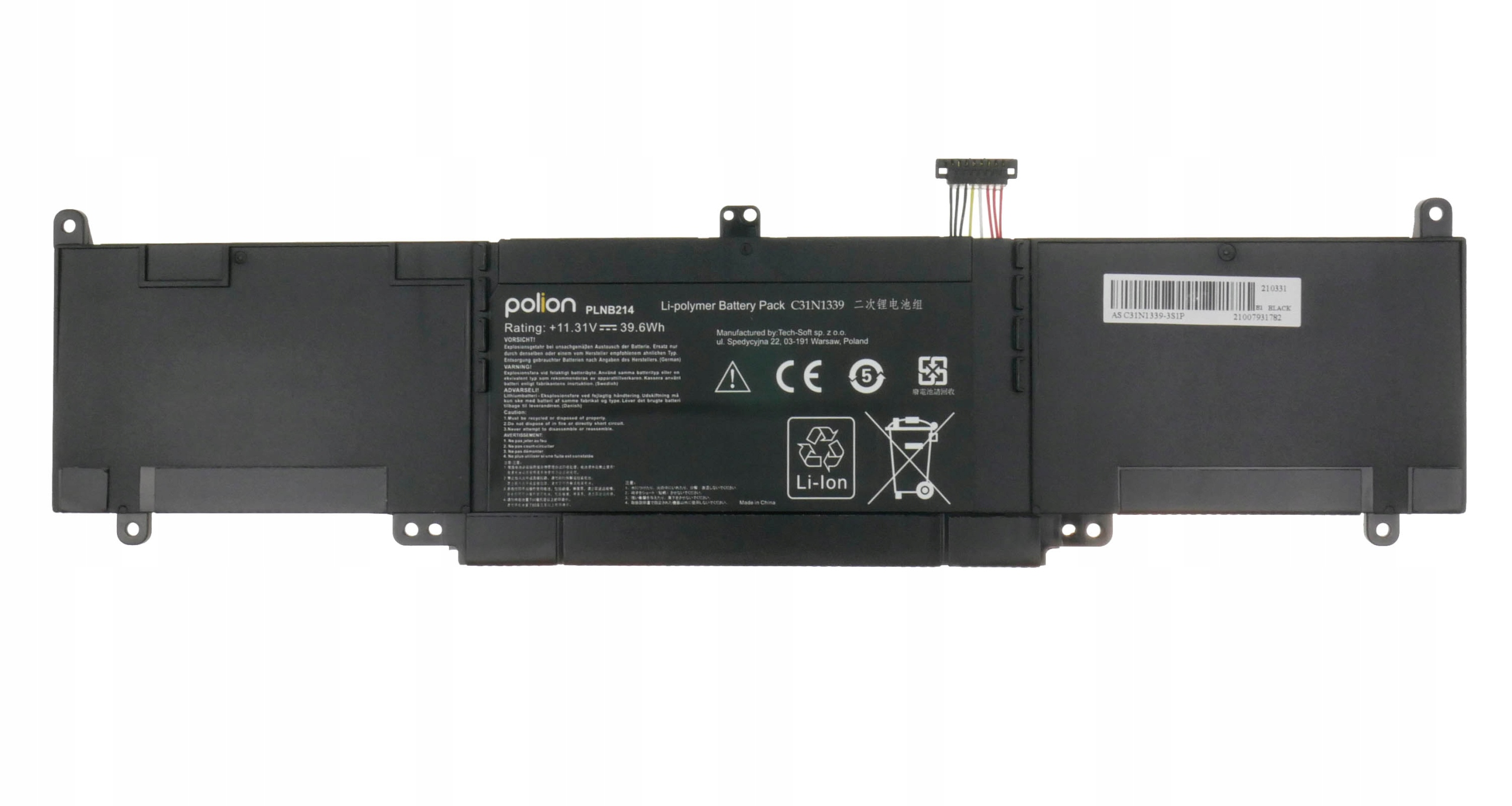 Czarna bateria litowo-polimerowa, marka Polion, model PLNB214, 39,6 Wh, z kablem.