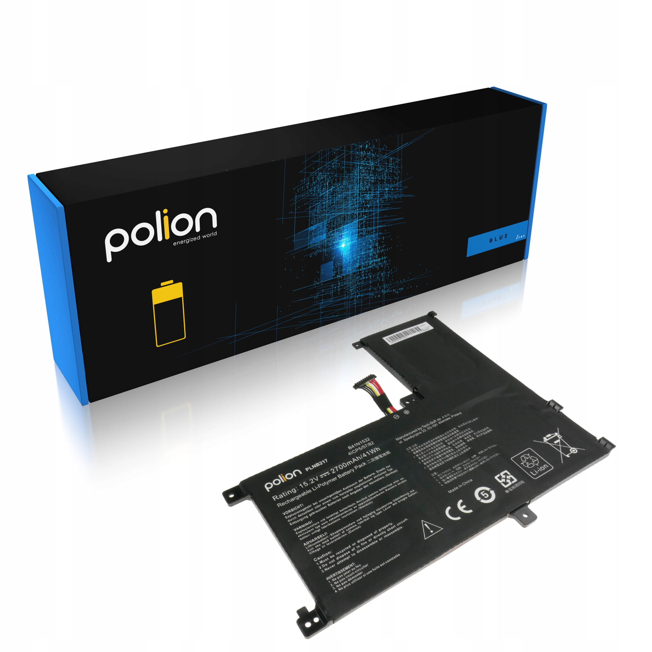 Czarna bateria do laptopa obok czarno-niebieskiego pudełka.