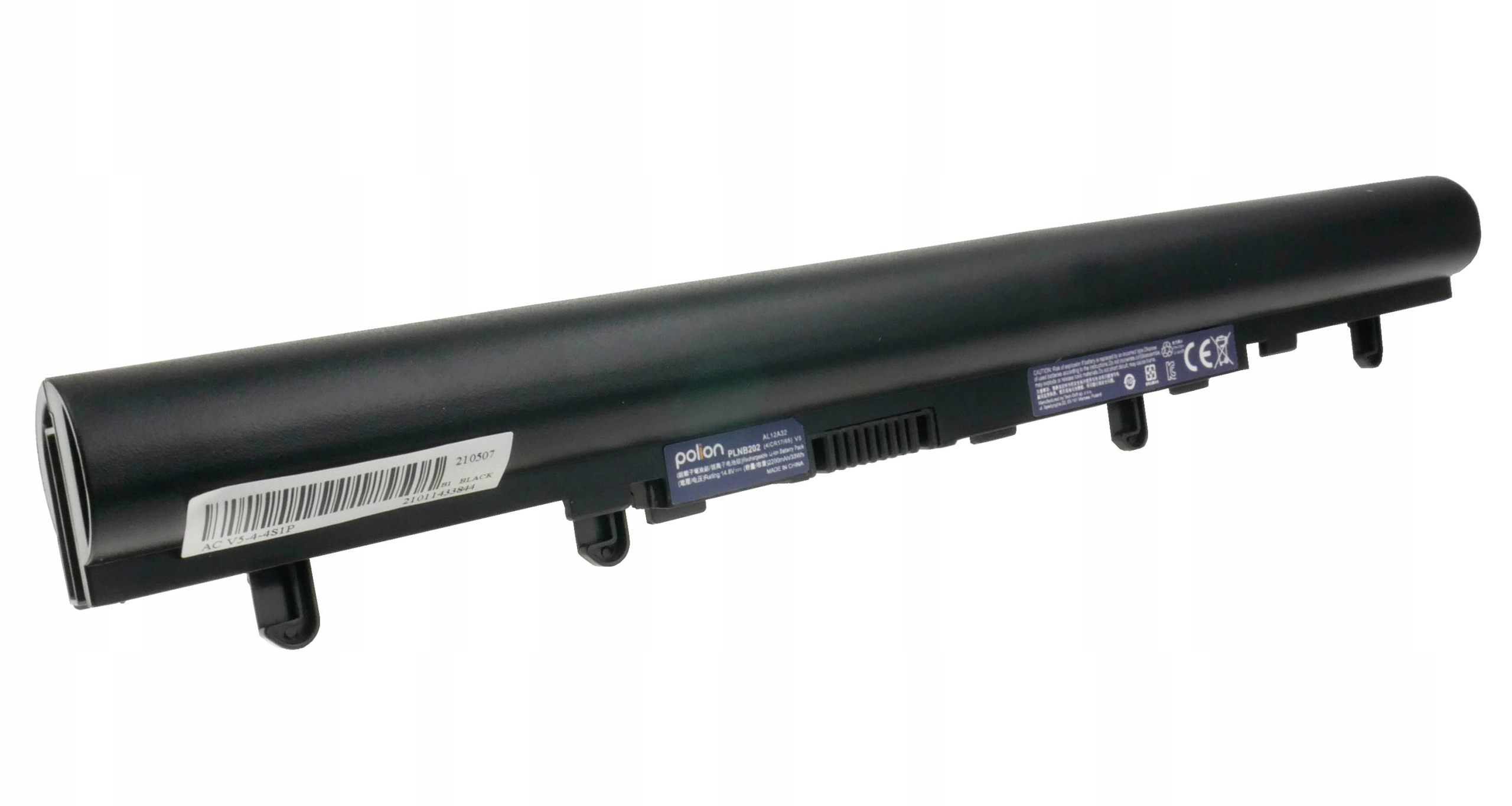 Czarny akumulator do laptopa z etykietami pokazującymi model i producenta.