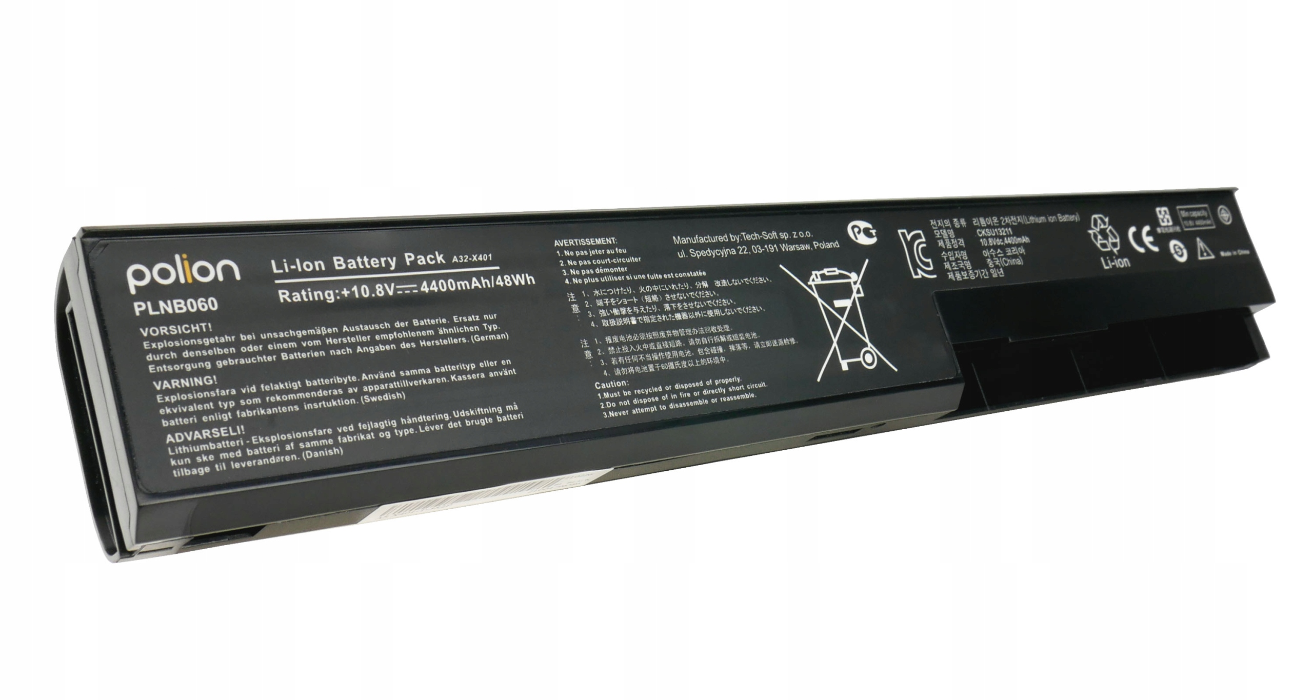 Czarny akumulator Li-Ion Polion, model PLNB060, z etykietami ostrzegawczymi.