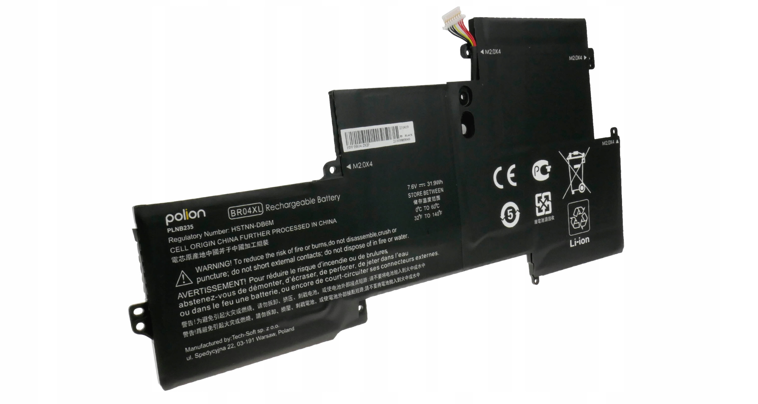 Czarna bateria litowo-jonowa do laptopa z etykietami ostrzegawczymi i specyfikacjami.