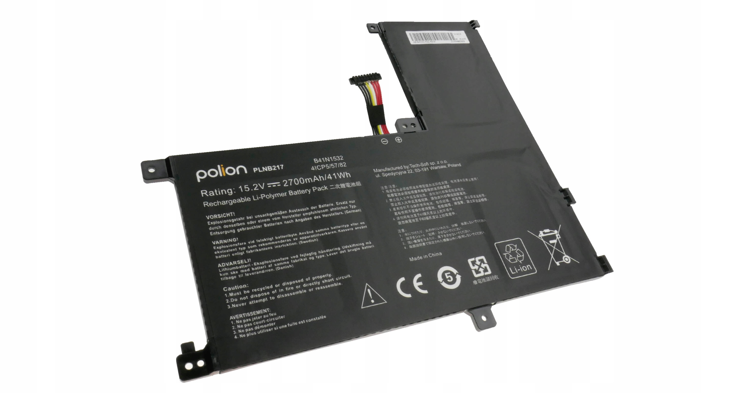 Czarny akumulator Li-Polimer Polion, 15.2V, 2700mAh, z przewodem.