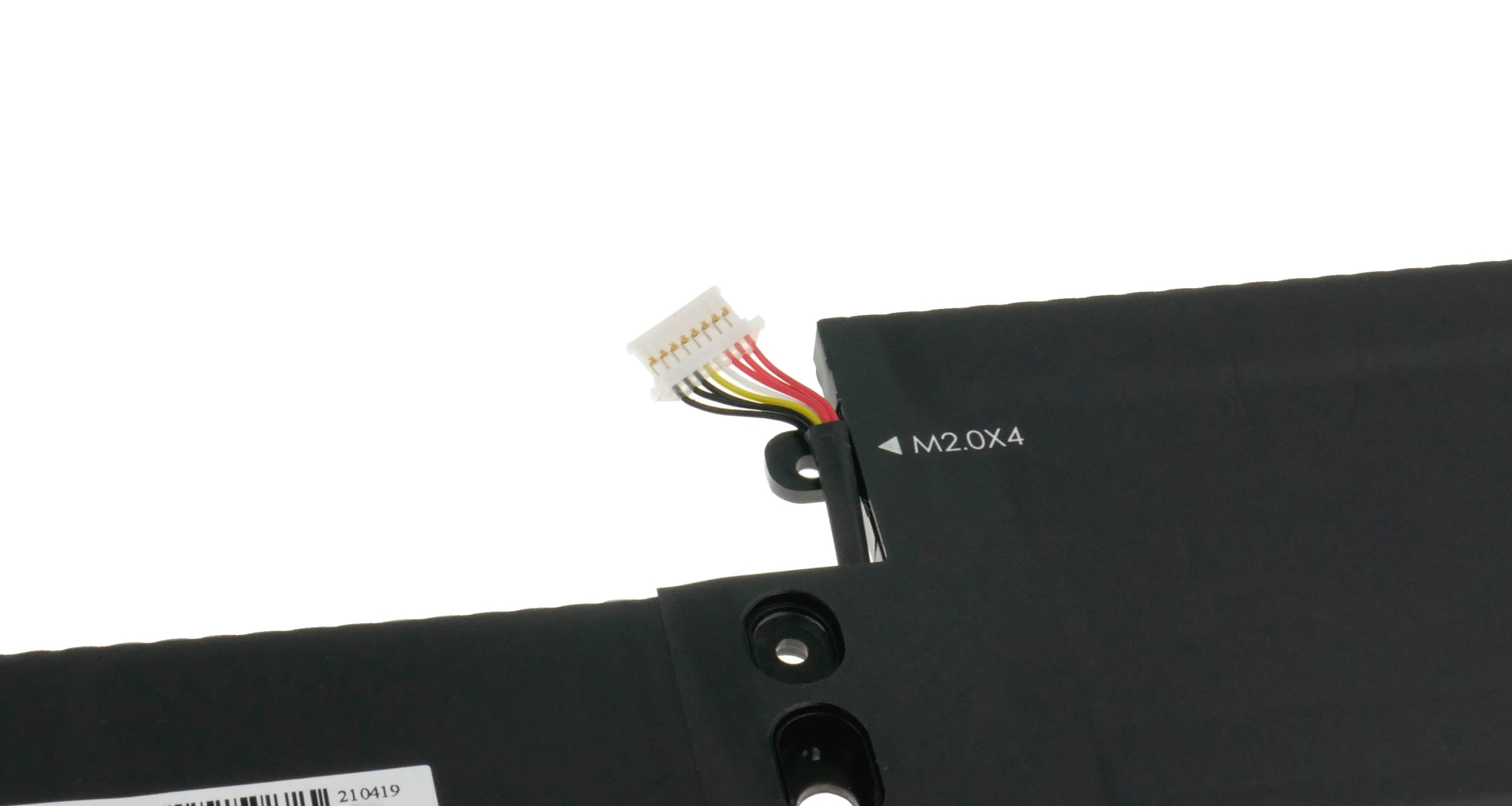 Czarna bateria z białym złączem i kolorowymi przewodami. Oznaczenie M2.0X4.