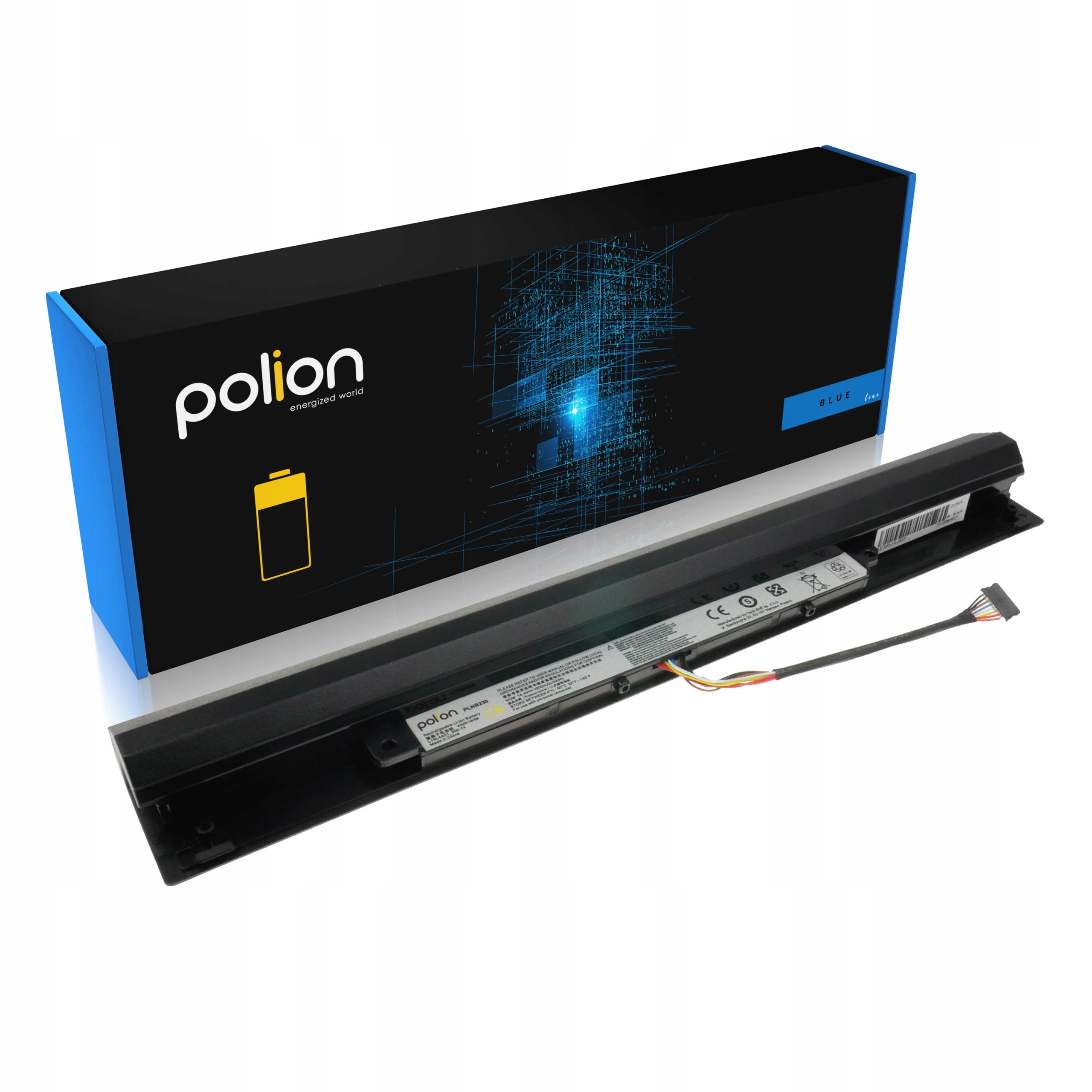 Bateria do laptopa i jej niebieskie opakowanie z logo Polion.
