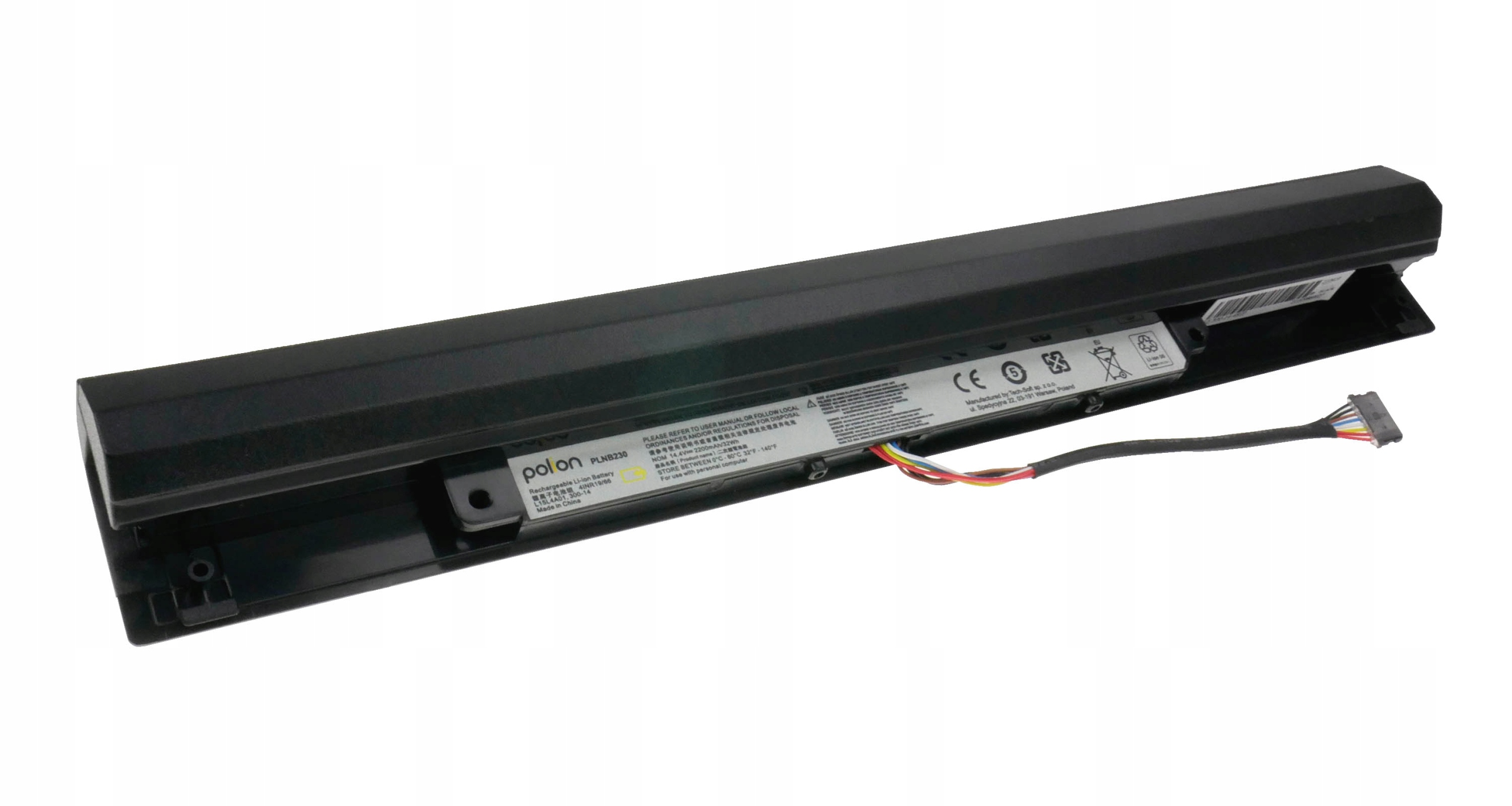 Czarna bateria do laptopa z kablem i złączem. Widoczna etykieta.