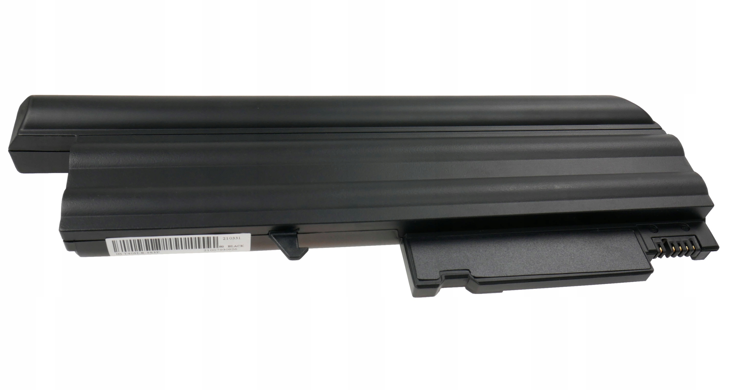 Czarna bateria do laptopa ze złączami i etykietą.