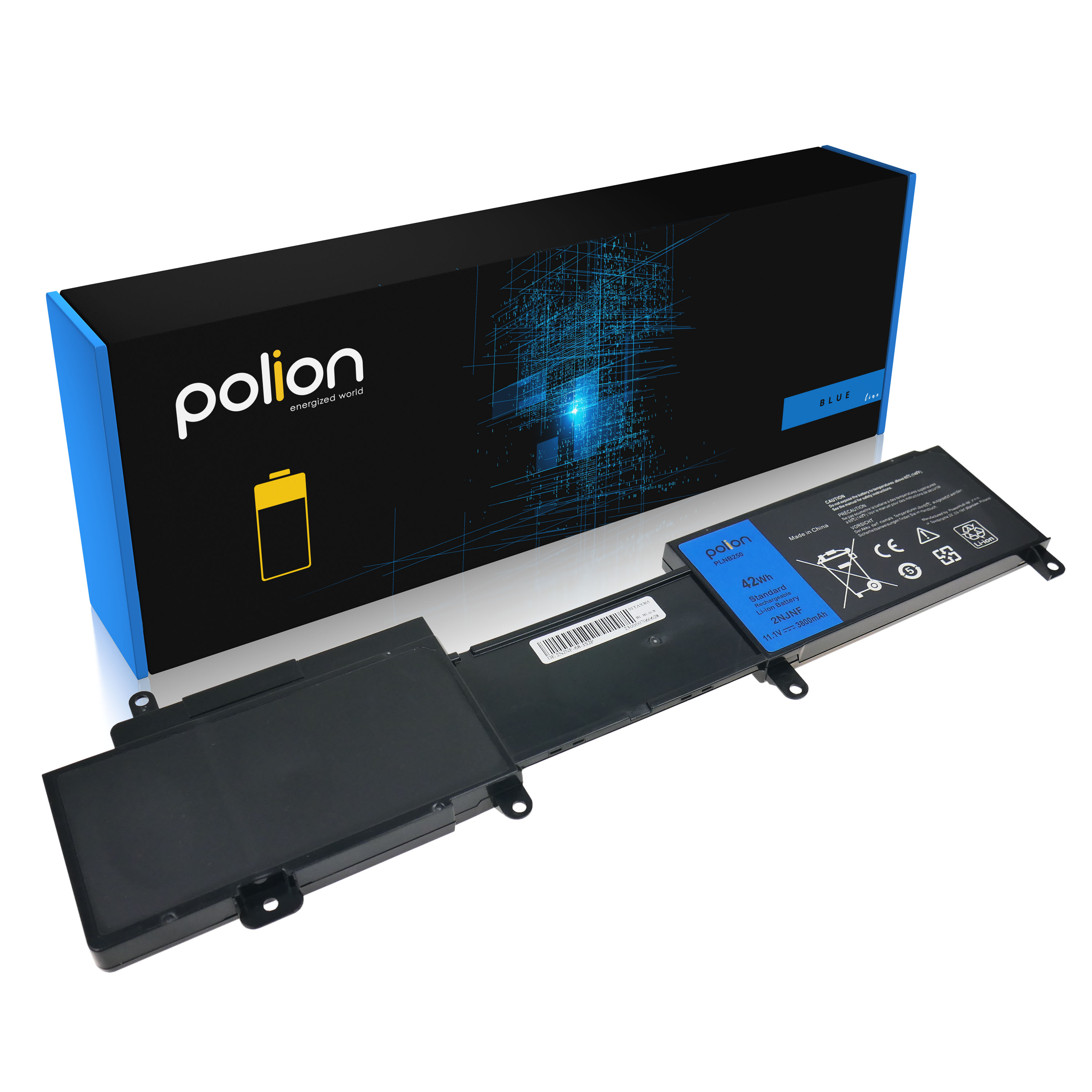 Bateria laptopa Polion i opakowanie z niebieskimi i czarnymi akcentami na białym tle.